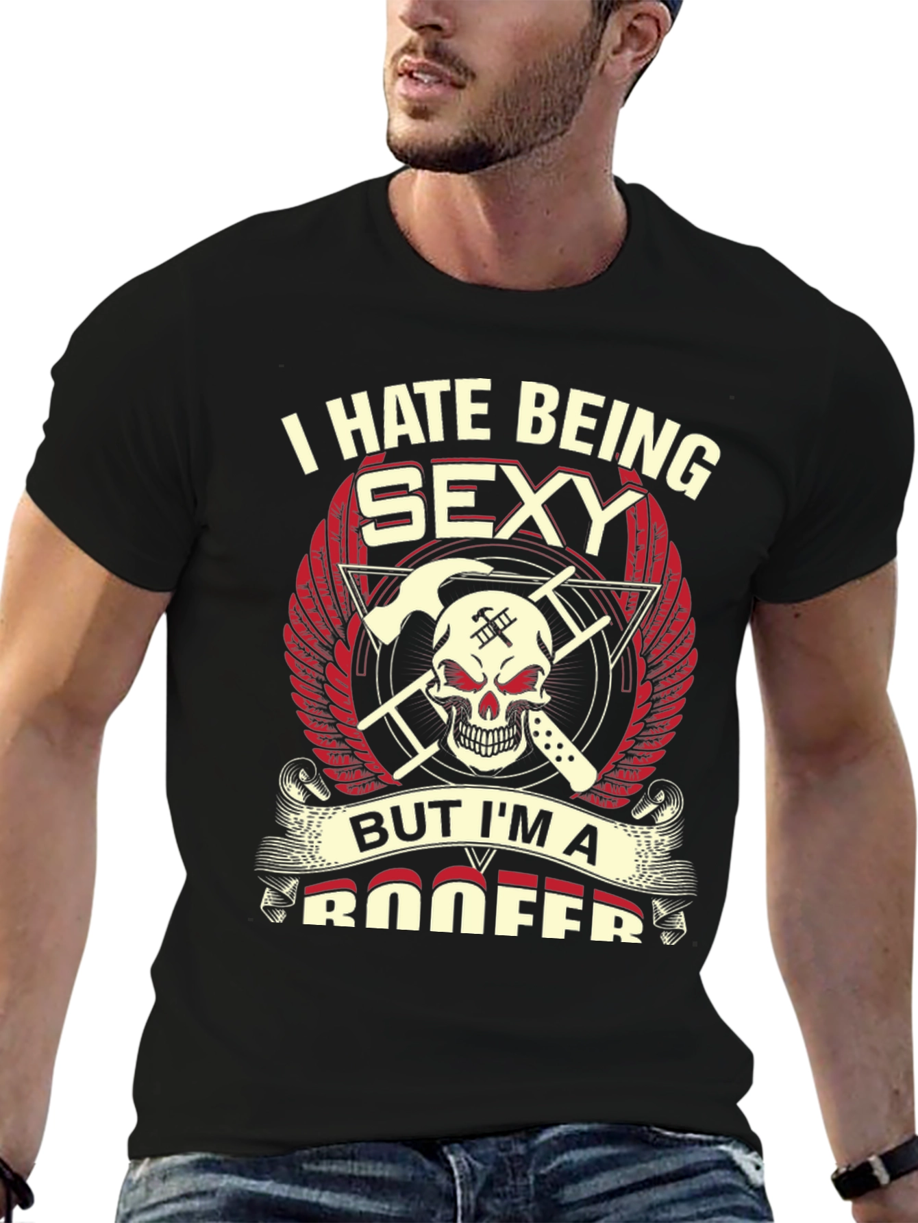 I Hate Being Sexy Roofer Skull Graphic T-Shirt