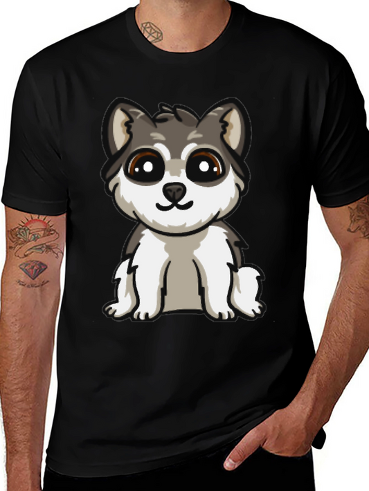 Cute Cartoon Husky Puppy Dog Black T-Shirt