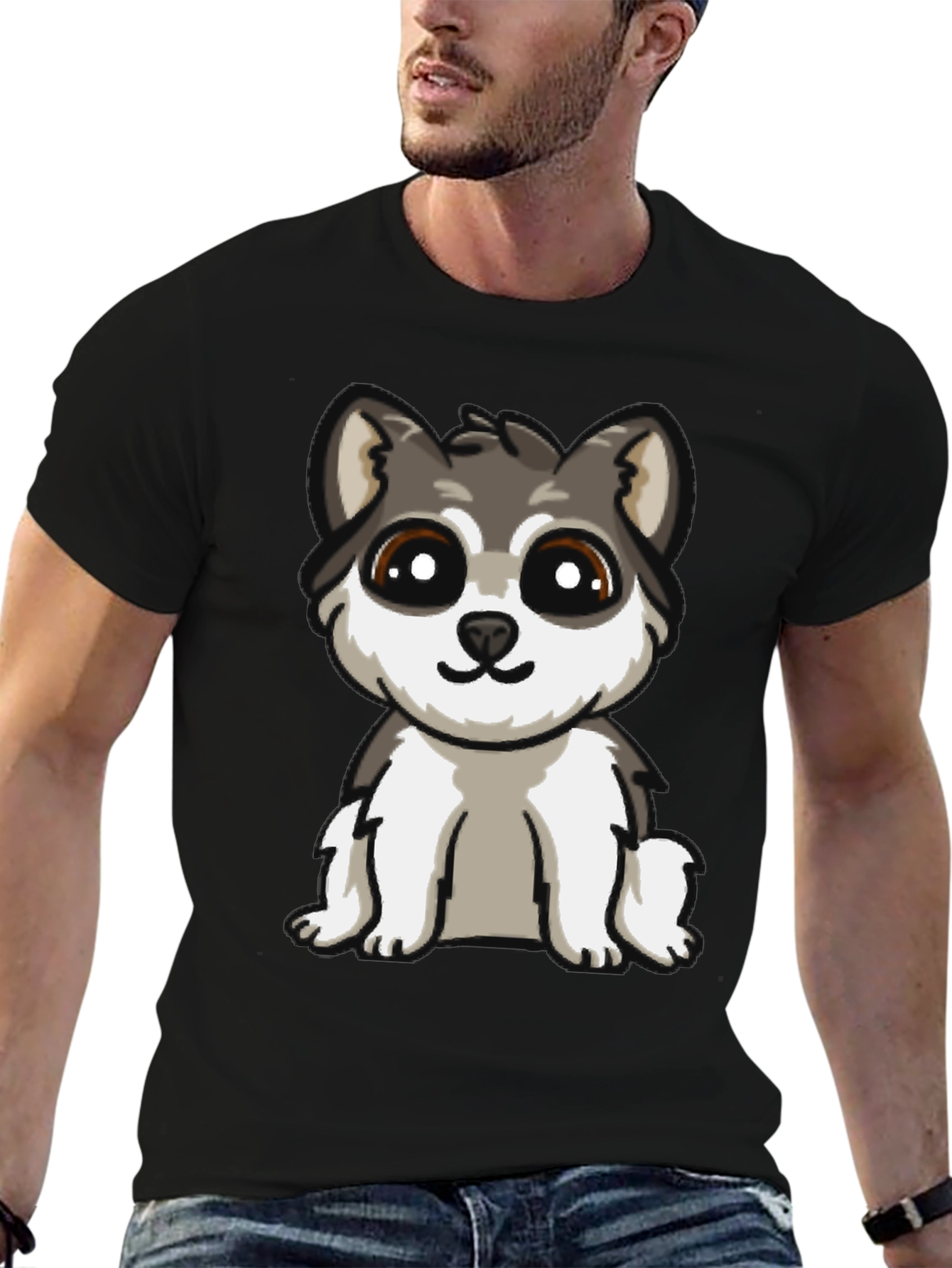 Cute Cartoon Husky Puppy Dog Black T-Shirt