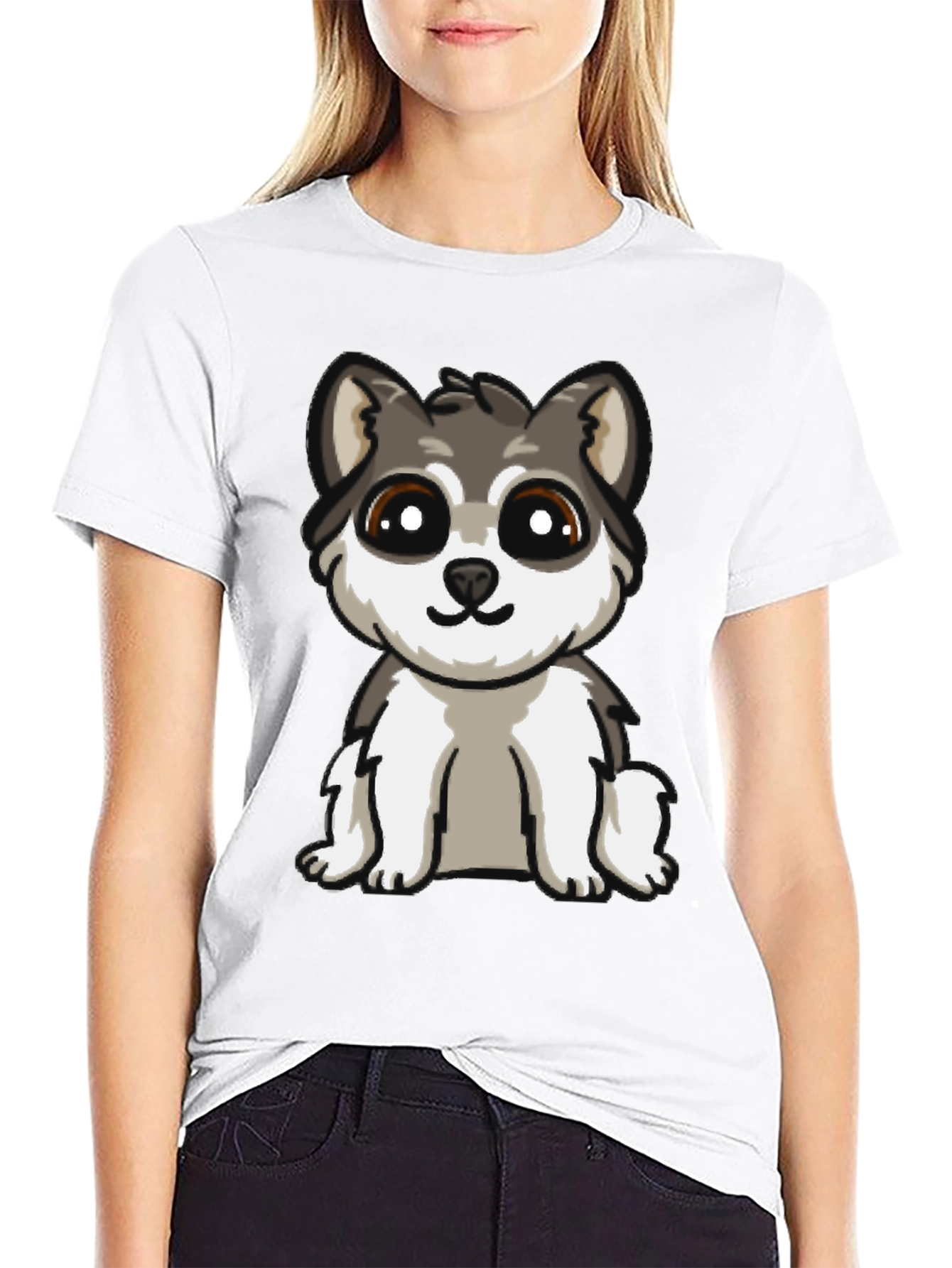 Cute Cartoon Husky Puppy Dog Black T-Shirt