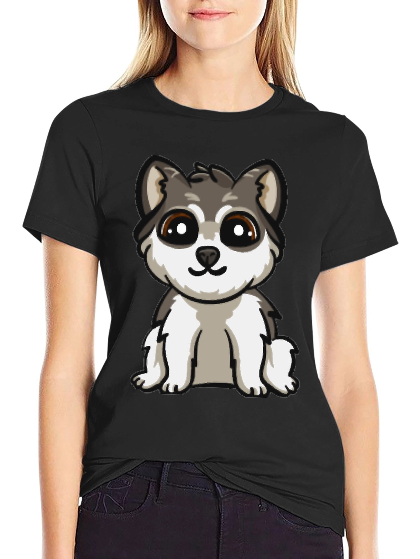 Cute Cartoon Husky Puppy Dog Black T-Shirt