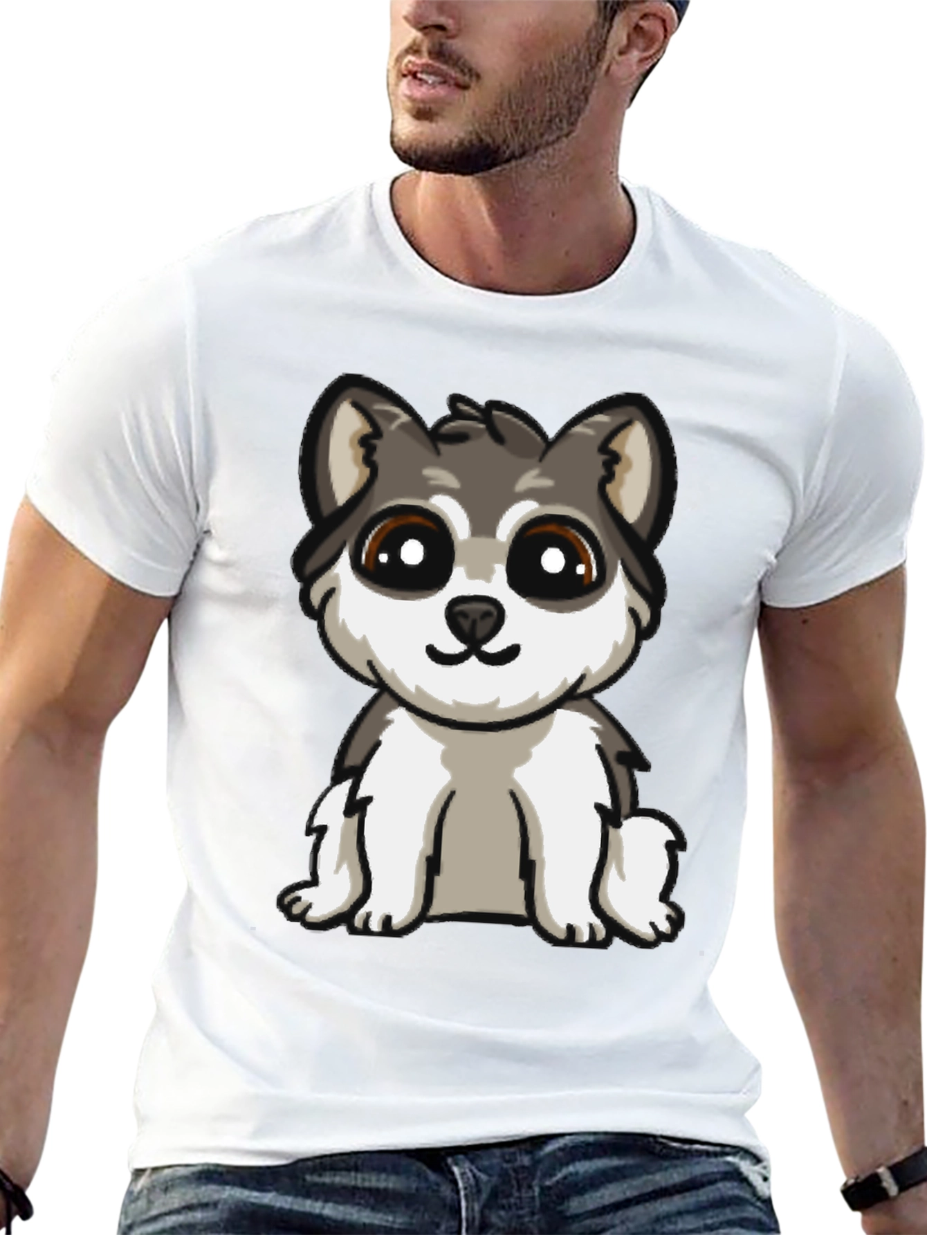 Cute Cartoon Husky Puppy Dog Black T-Shirt