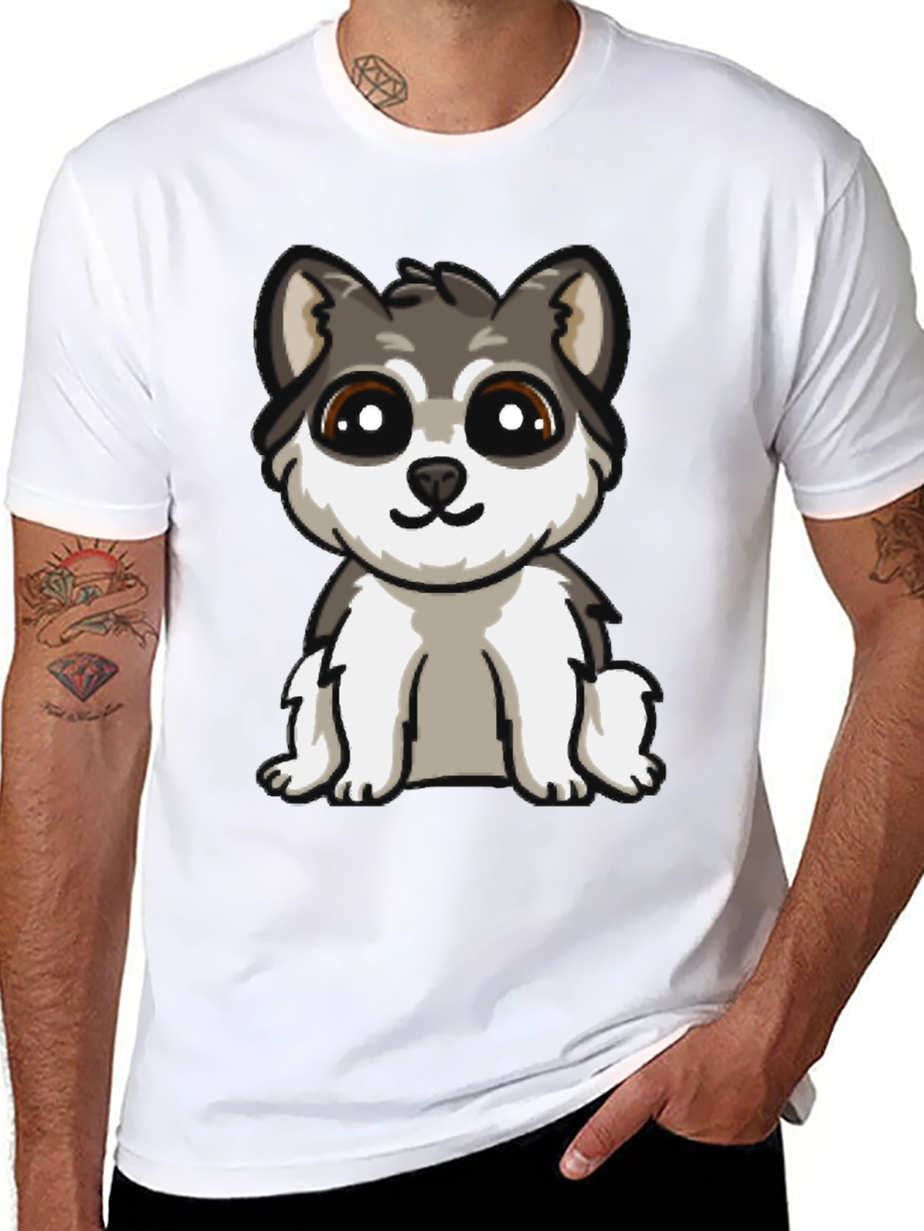 Cute Cartoon Husky Puppy Dog Black T-Shirt
