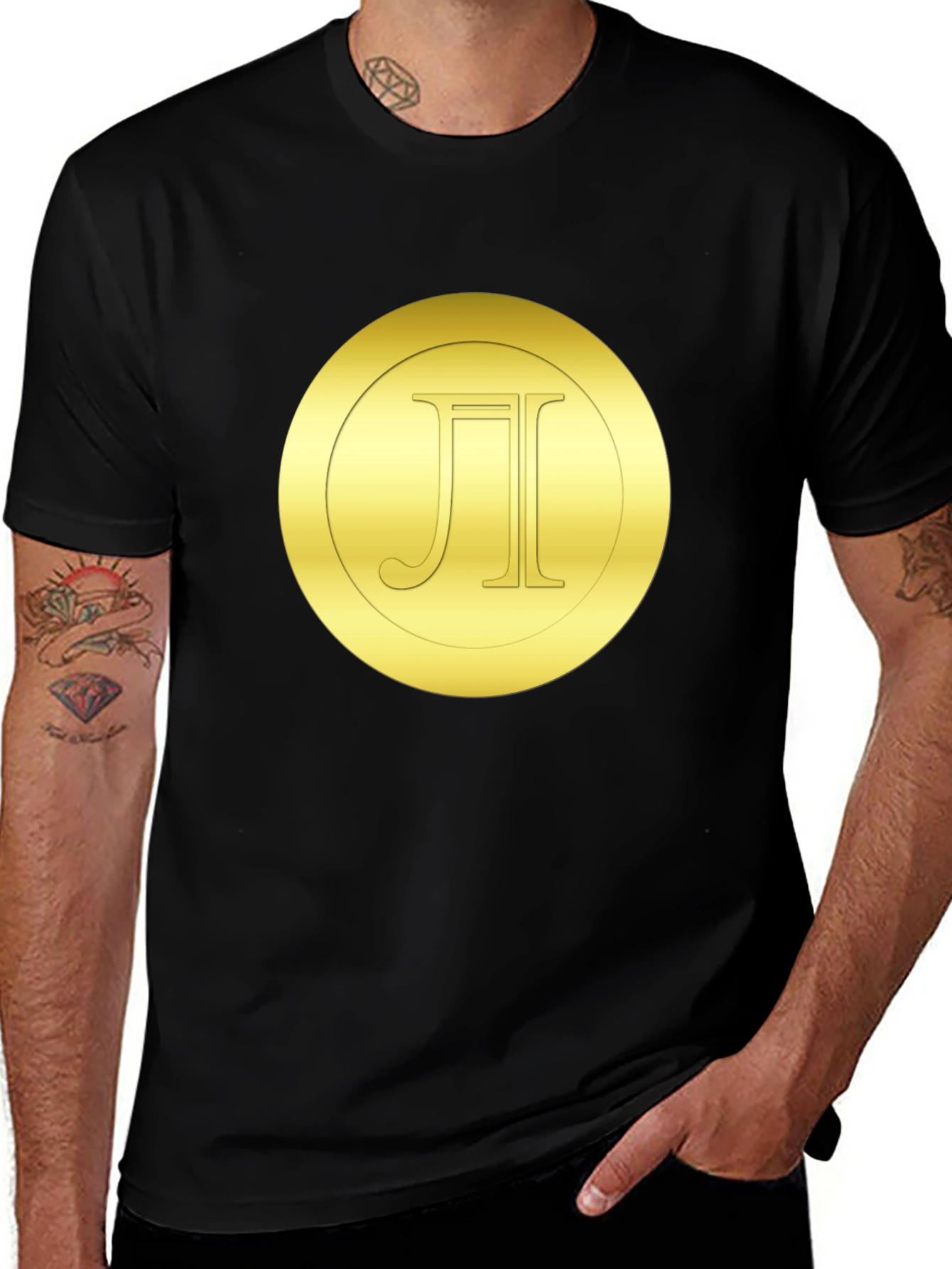 Gold Monogram Circle Tee - Stylish Black T-Shirt