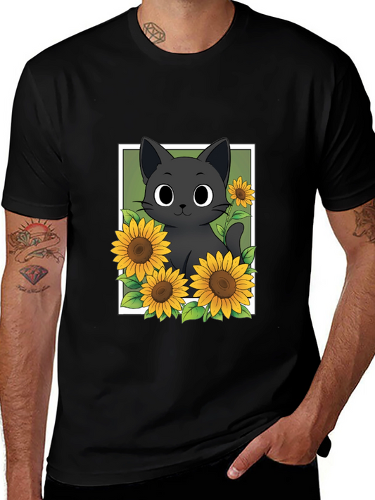 Black Cat Sunflower Graphic T-Shirt