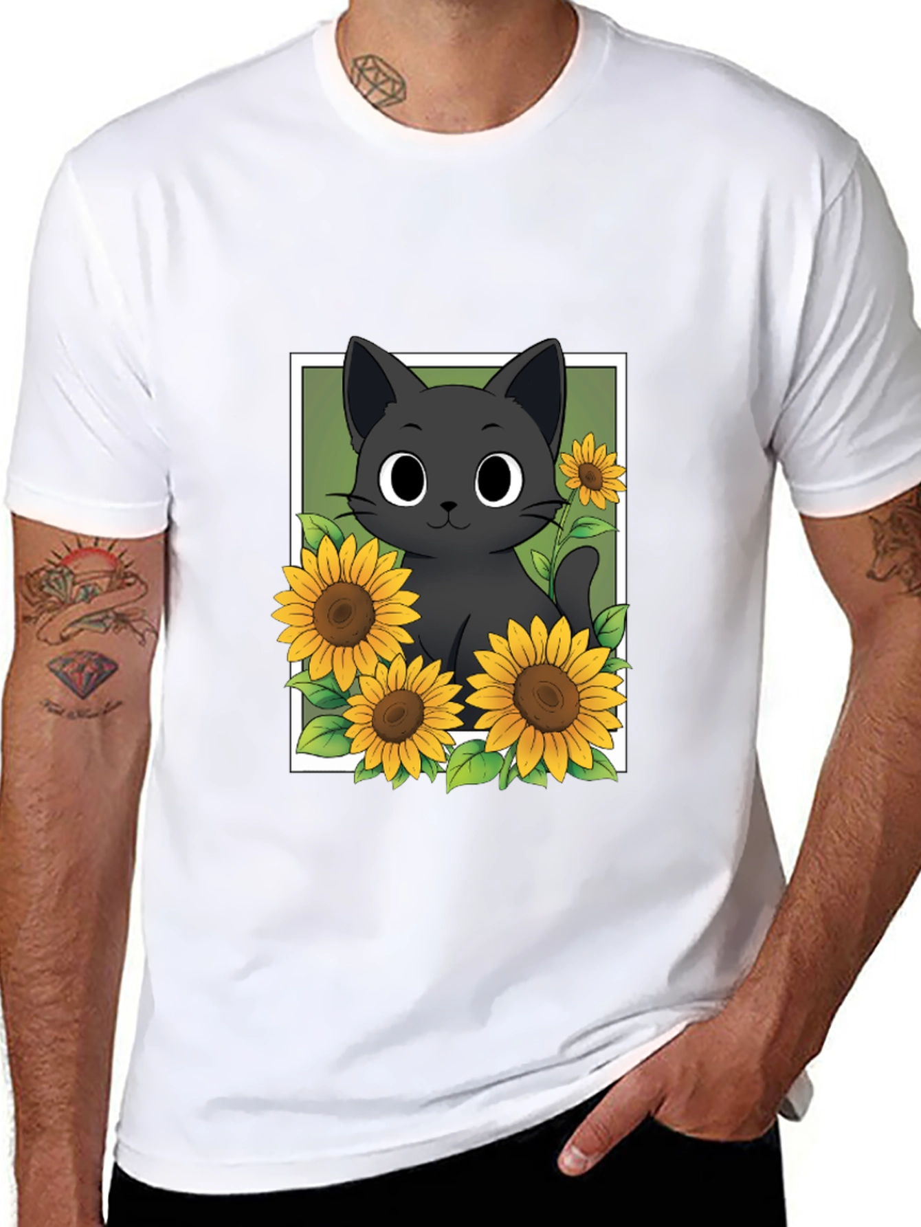 Black Cat Sunflower Graphic T-Shirt