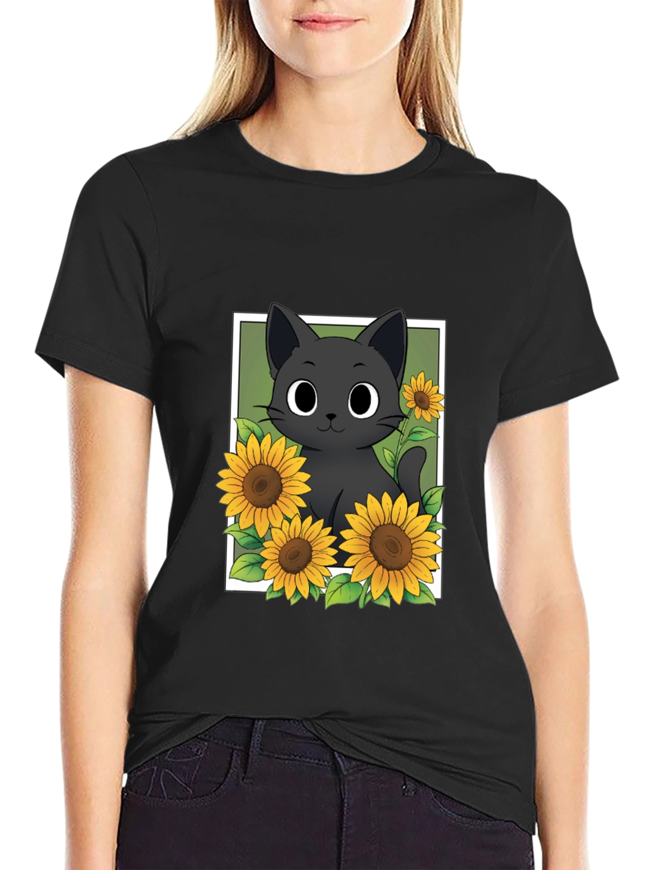 Black Cat Sunflower Graphic T-Shirt