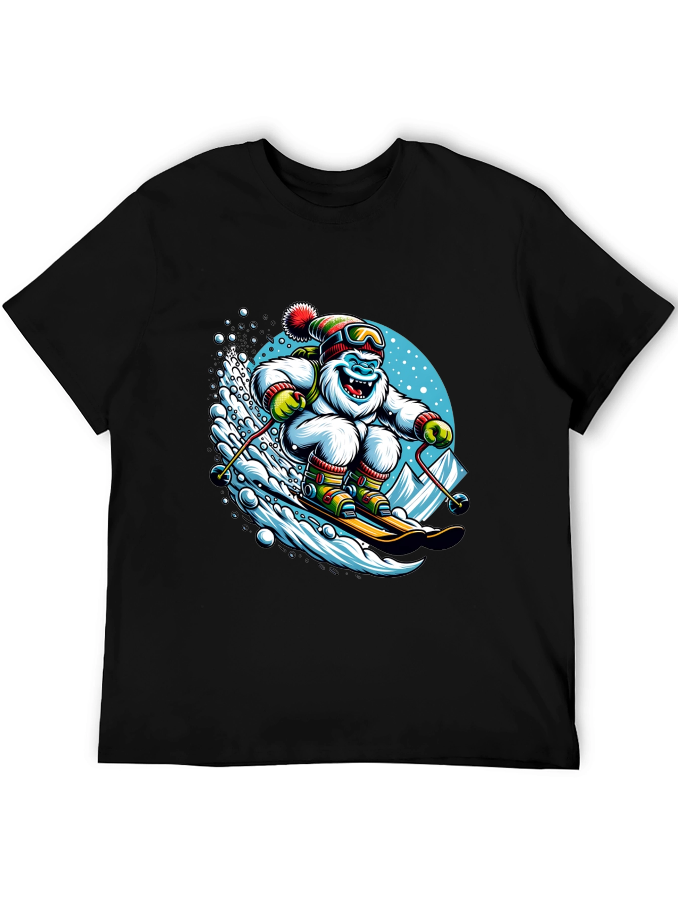 Skiing Yeti Graphic Tee - Black Cotton Shirt
