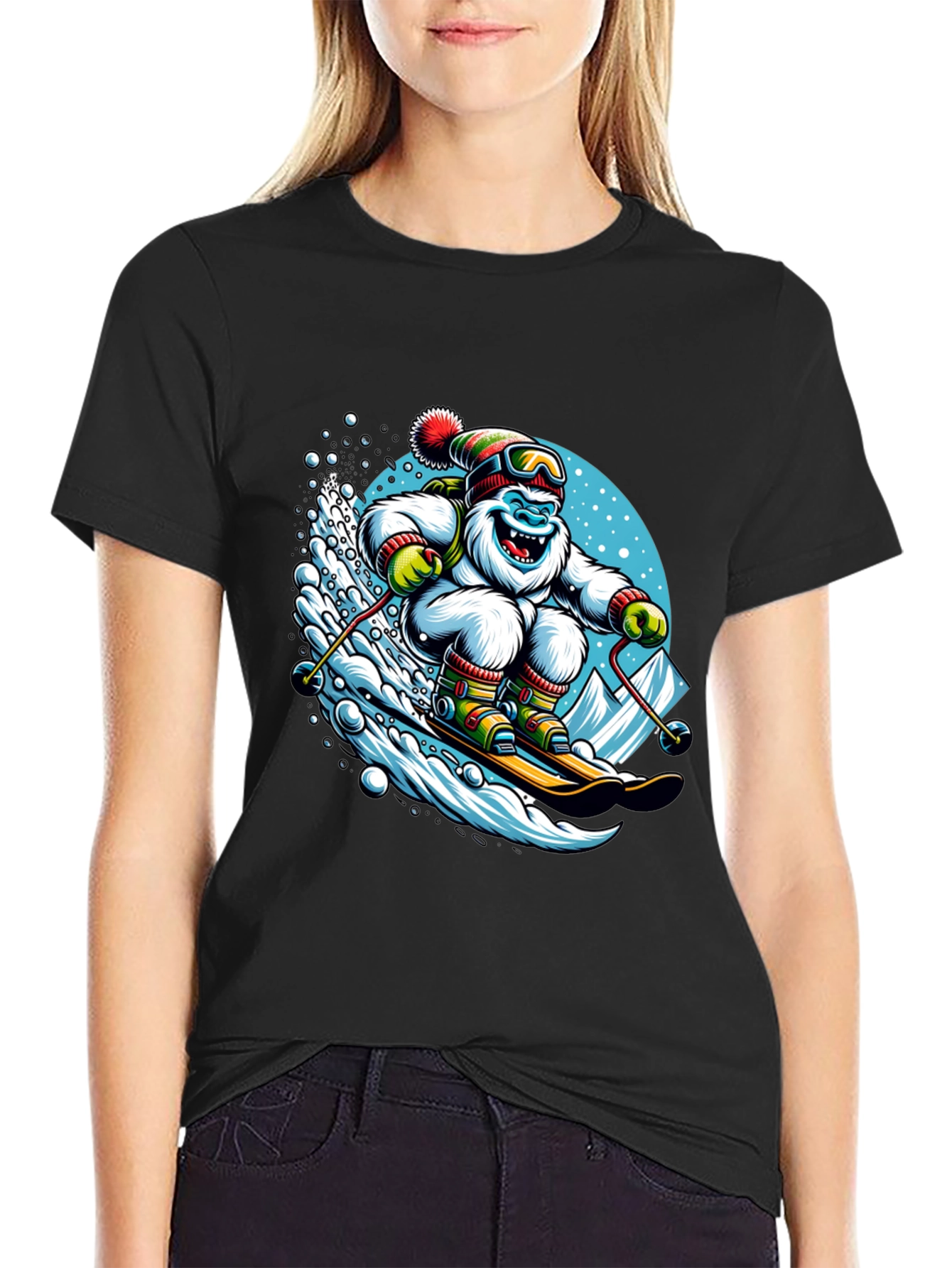Skiing Yeti Graphic Tee - Black Cotton Shirt