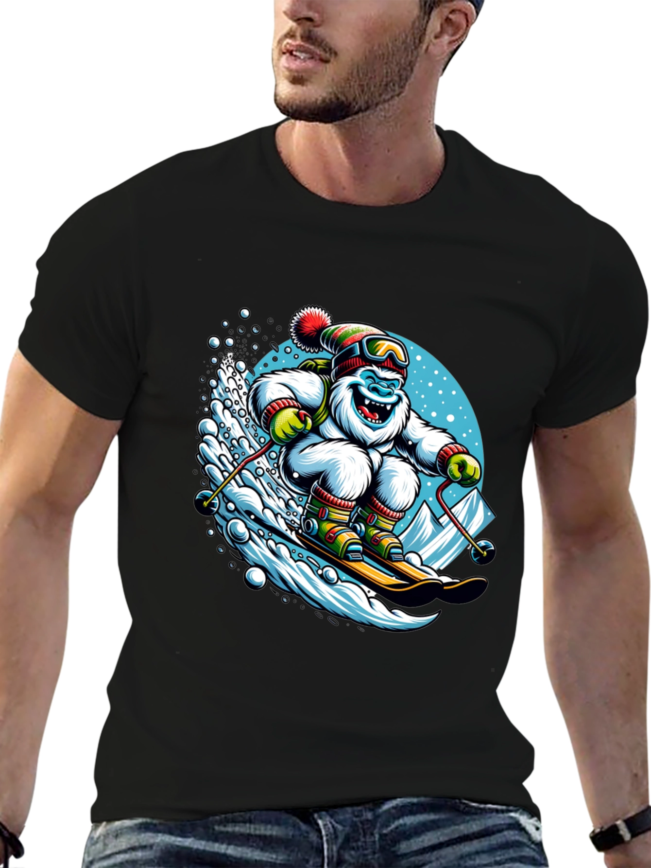 Skiing Yeti Graphic Tee - Black Cotton Shirt