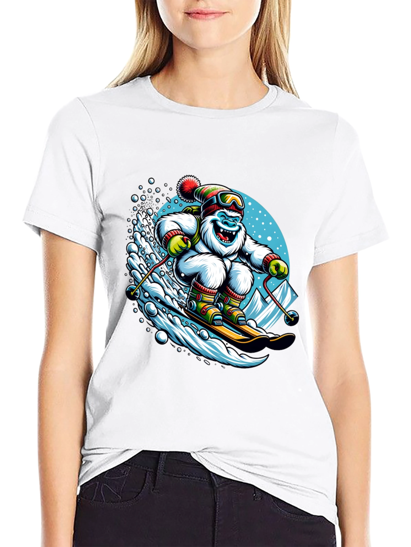Skiing Yeti Graphic Tee - Black Cotton Shirt