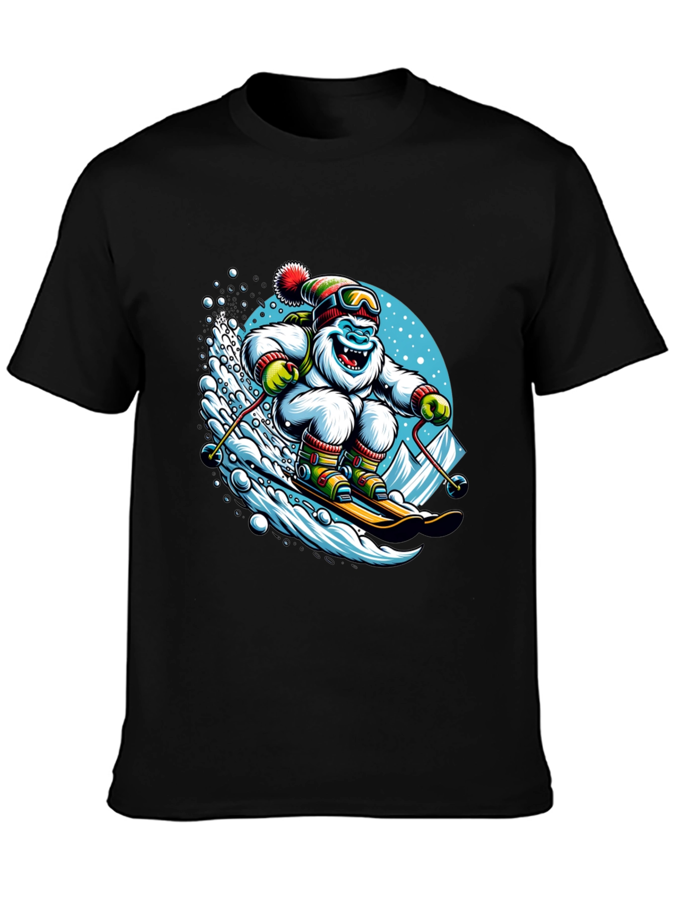 Skiing Yeti Graphic Tee - Black Cotton Shirt