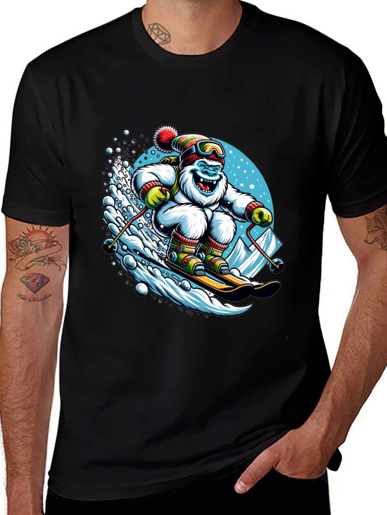 Skiing Yeti Graphic Tee - Black Cotton Shirt