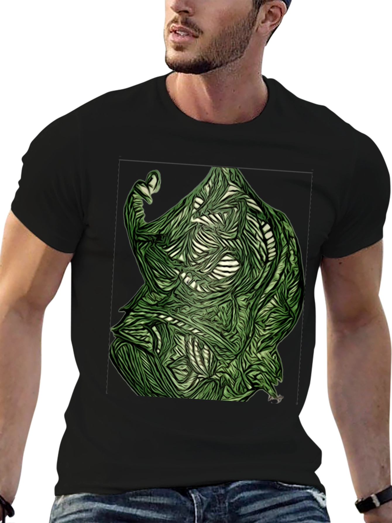 Abstract Green Figure Graphic Tee - Black
