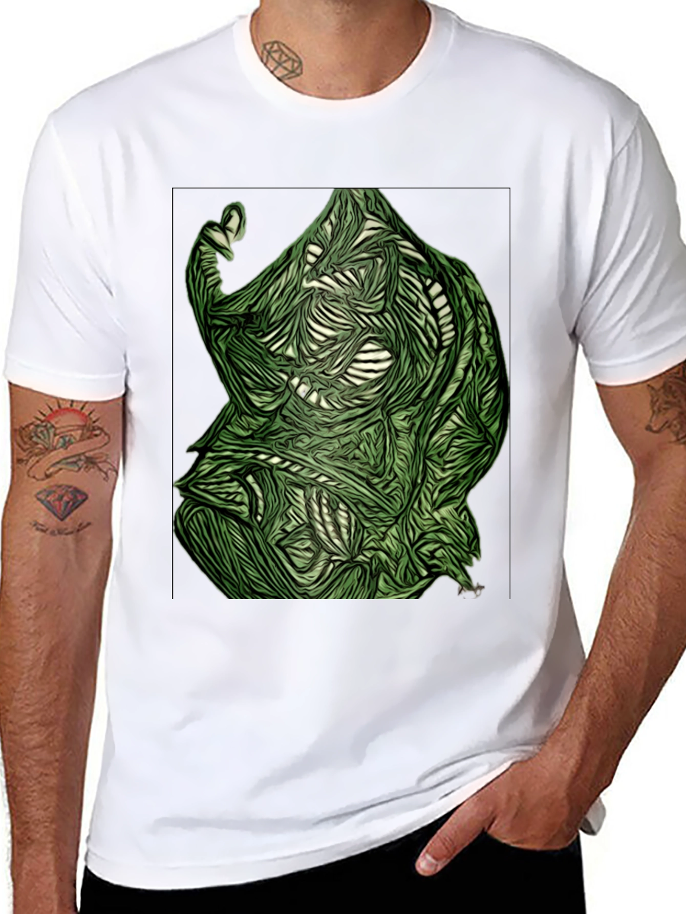 Abstract Green Figure Graphic Tee - Black