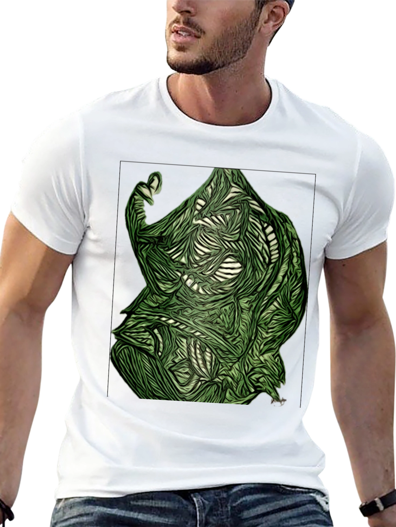 Abstract Green Figure Graphic Tee - Black