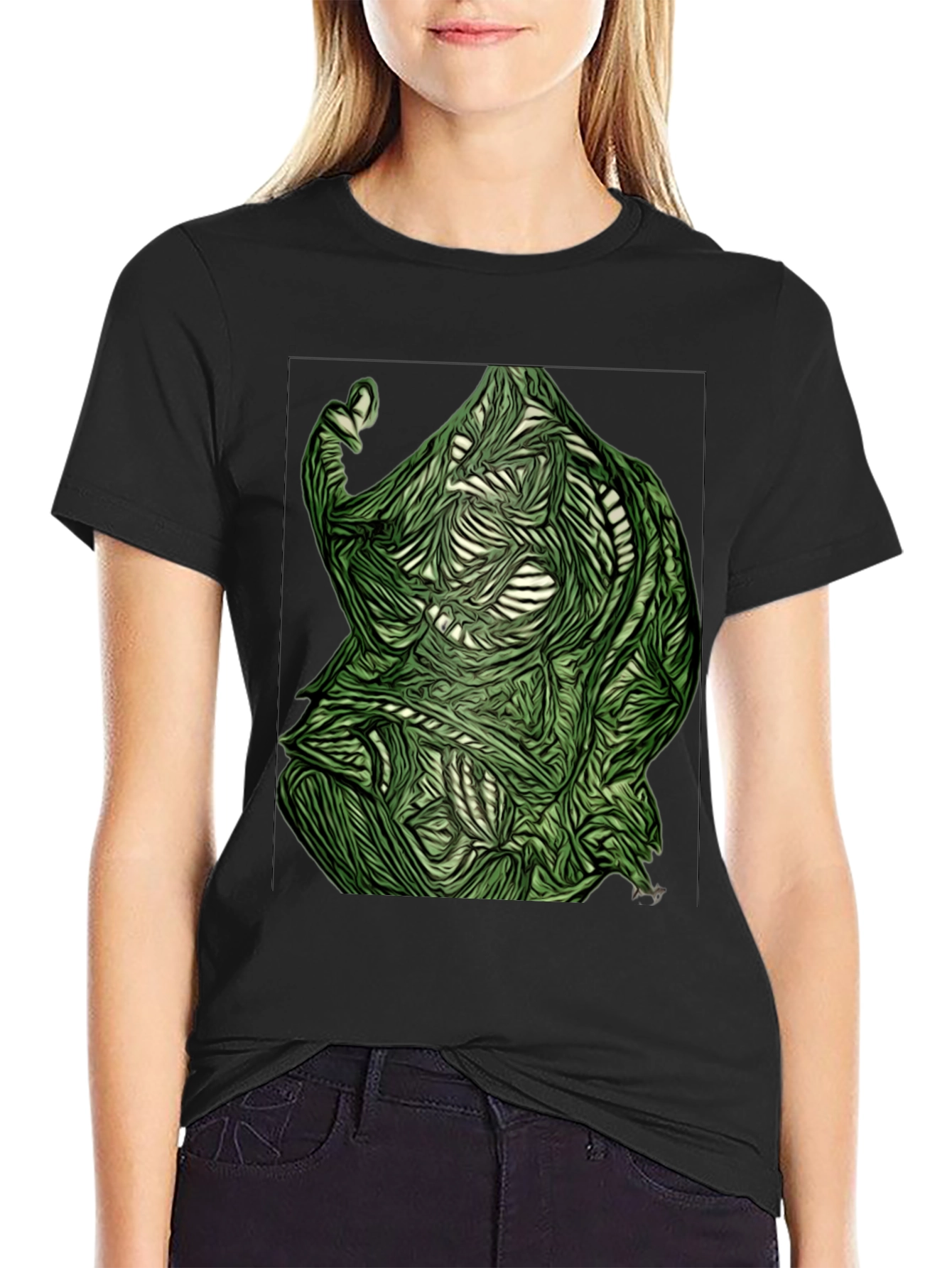 Abstract Green Figure Graphic Tee - Black