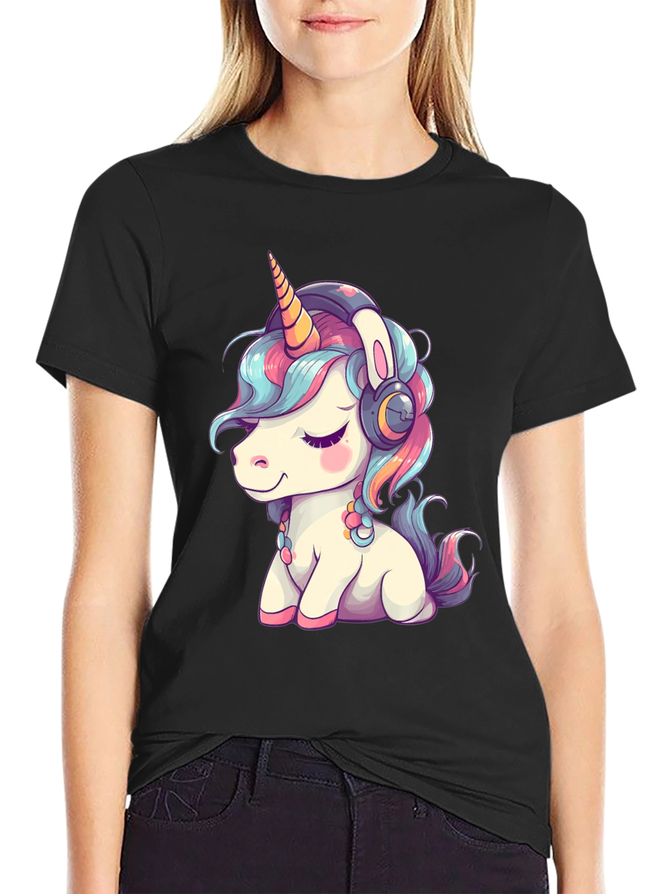 Unicorn Headphones Black T-Shirt