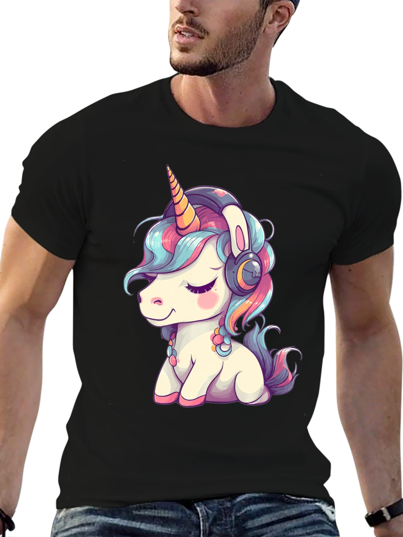 Unicorn Headphones Black T-Shirt
