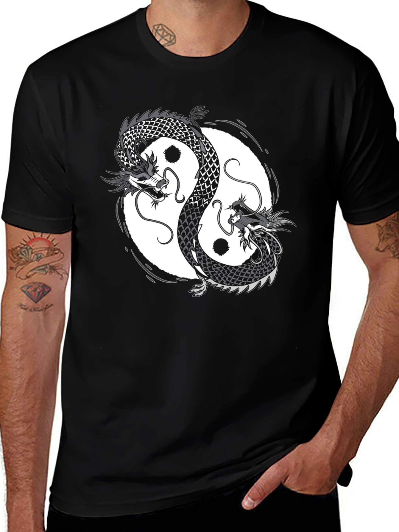 Yin Yang Dragon Graphic Black T-Shirt