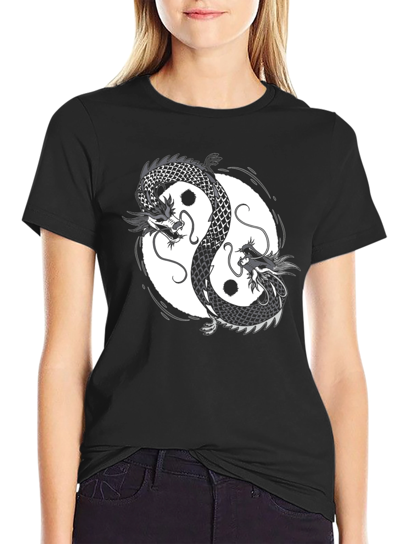 Yin Yang Dragon Graphic Black T-Shirt