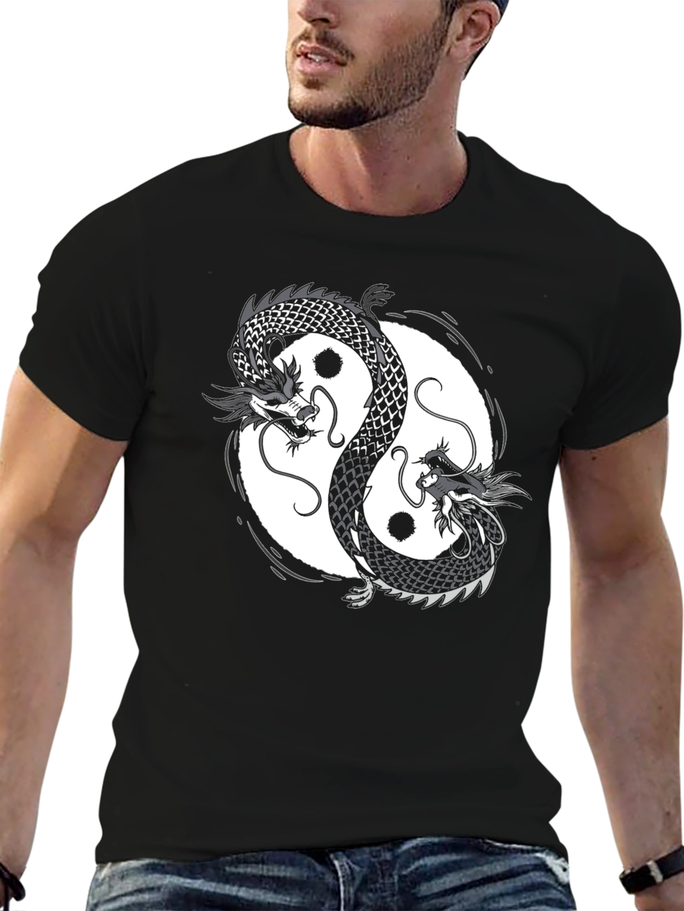 Yin Yang Dragon Graphic Black T-Shirt