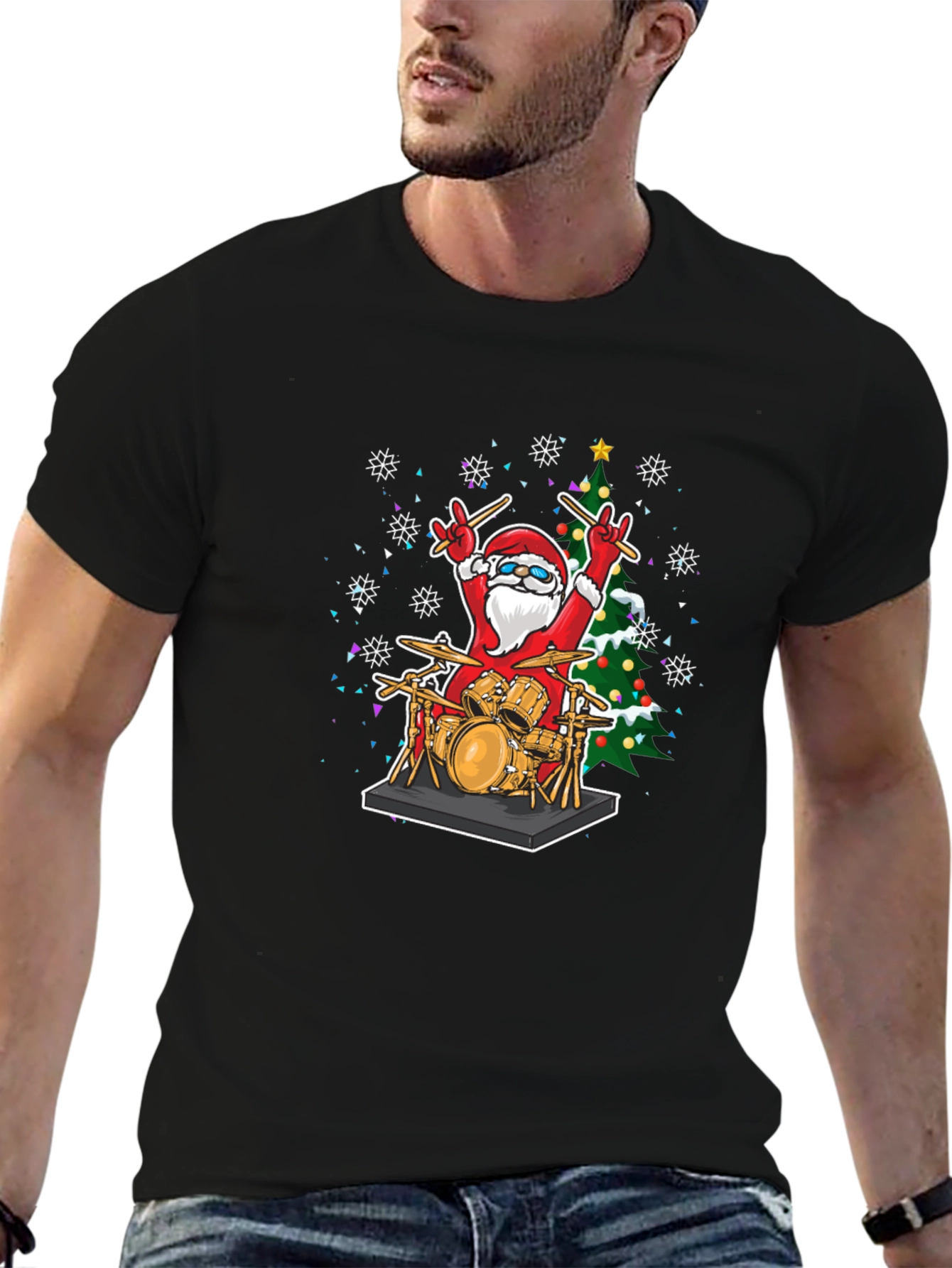 Santa Drummer T-Shirt - Christmas Music Tee