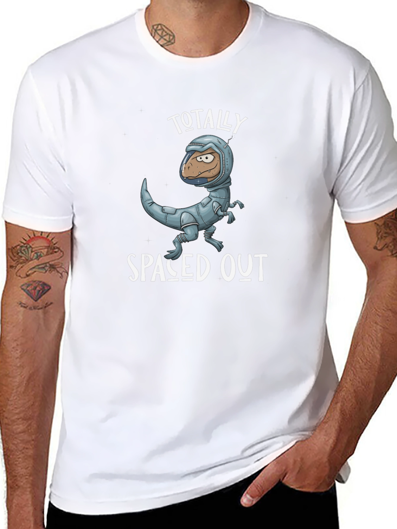 Spaced Out Dino T-Shirt: Novelty Astronaut Dinosaur Graphic Tee
