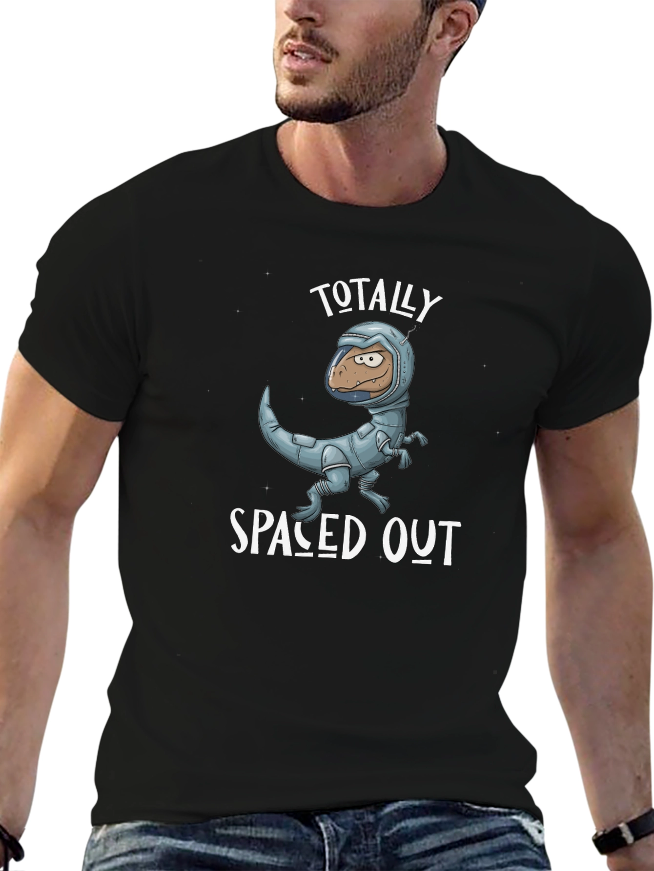 Spaced Out Dino T-Shirt: Novelty Astronaut Dinosaur Graphic Tee