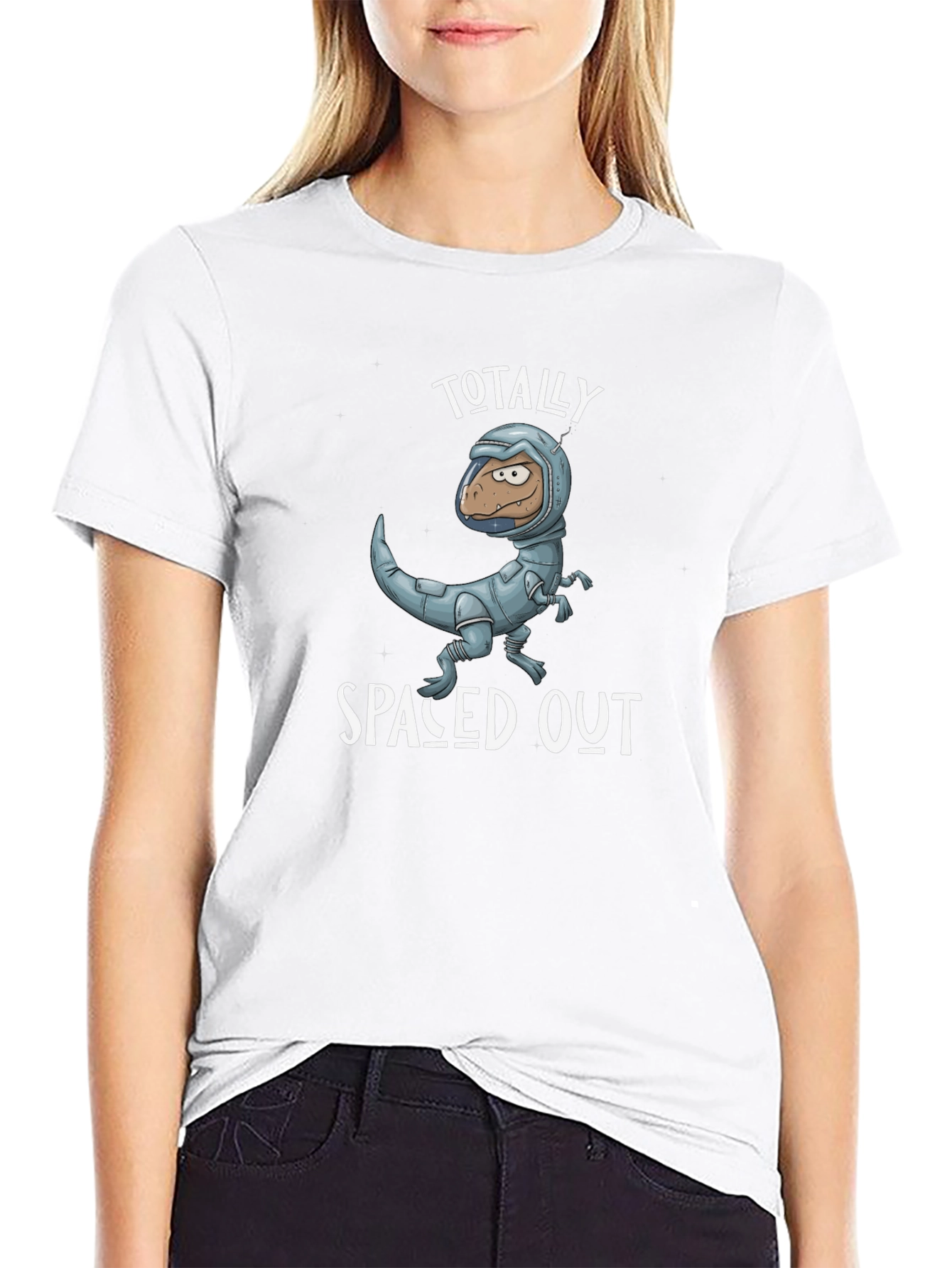 Spaced Out Dino T-Shirt: Novelty Astronaut Dinosaur Graphic Tee