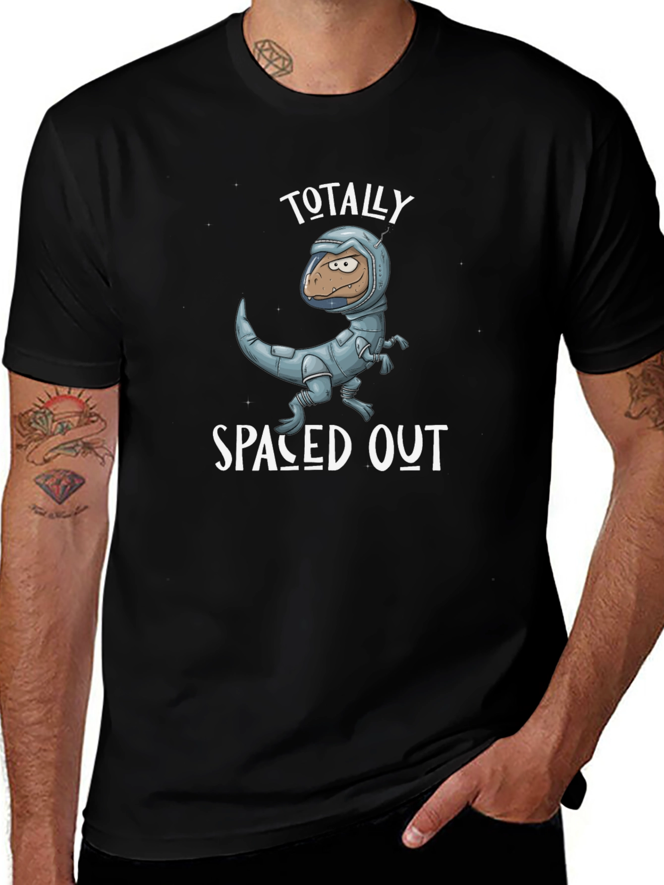 Spaced Out Dino T-Shirt: Novelty Astronaut Dinosaur Graphic Tee