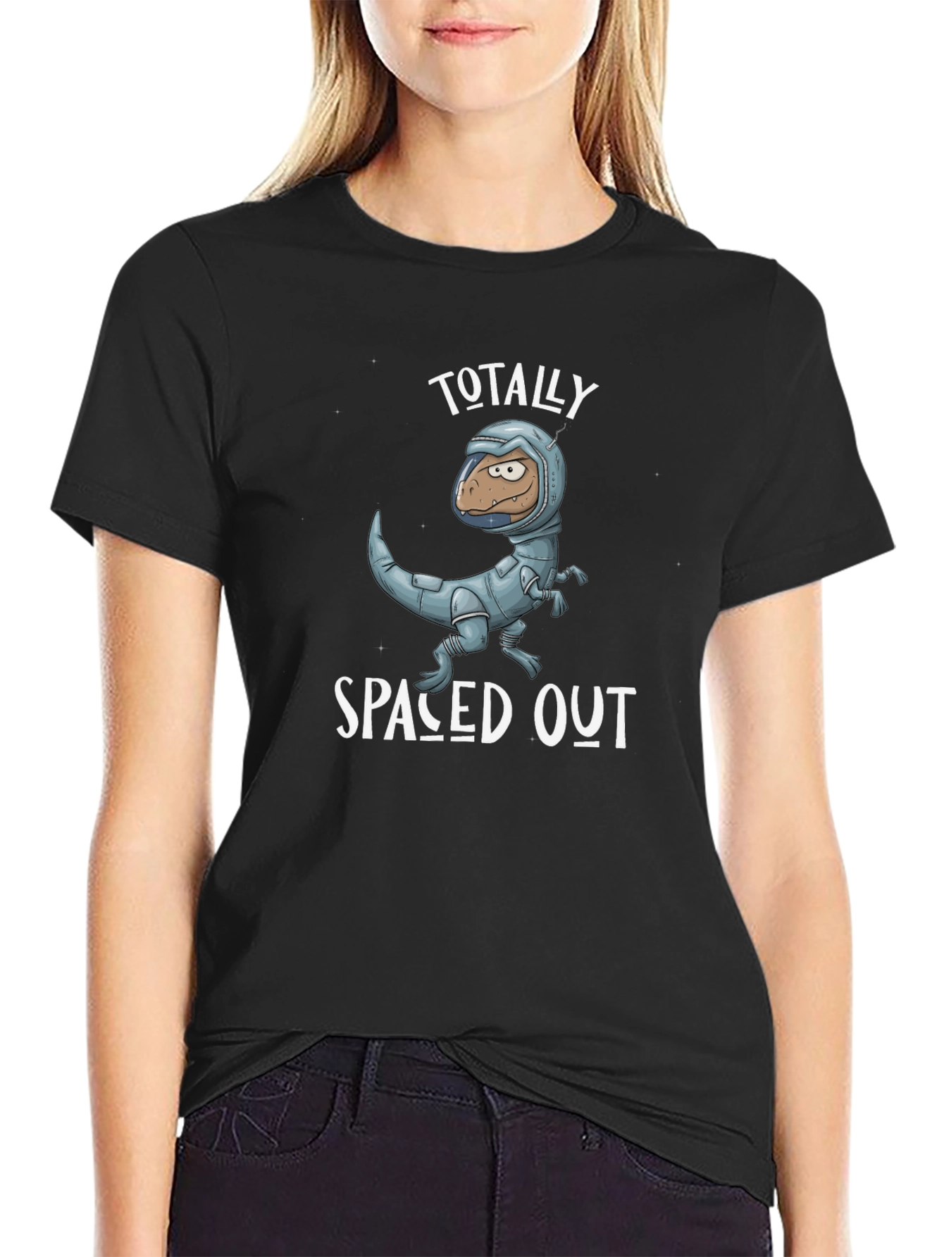 Spaced Out Dino T-Shirt: Novelty Astronaut Dinosaur Graphic Tee