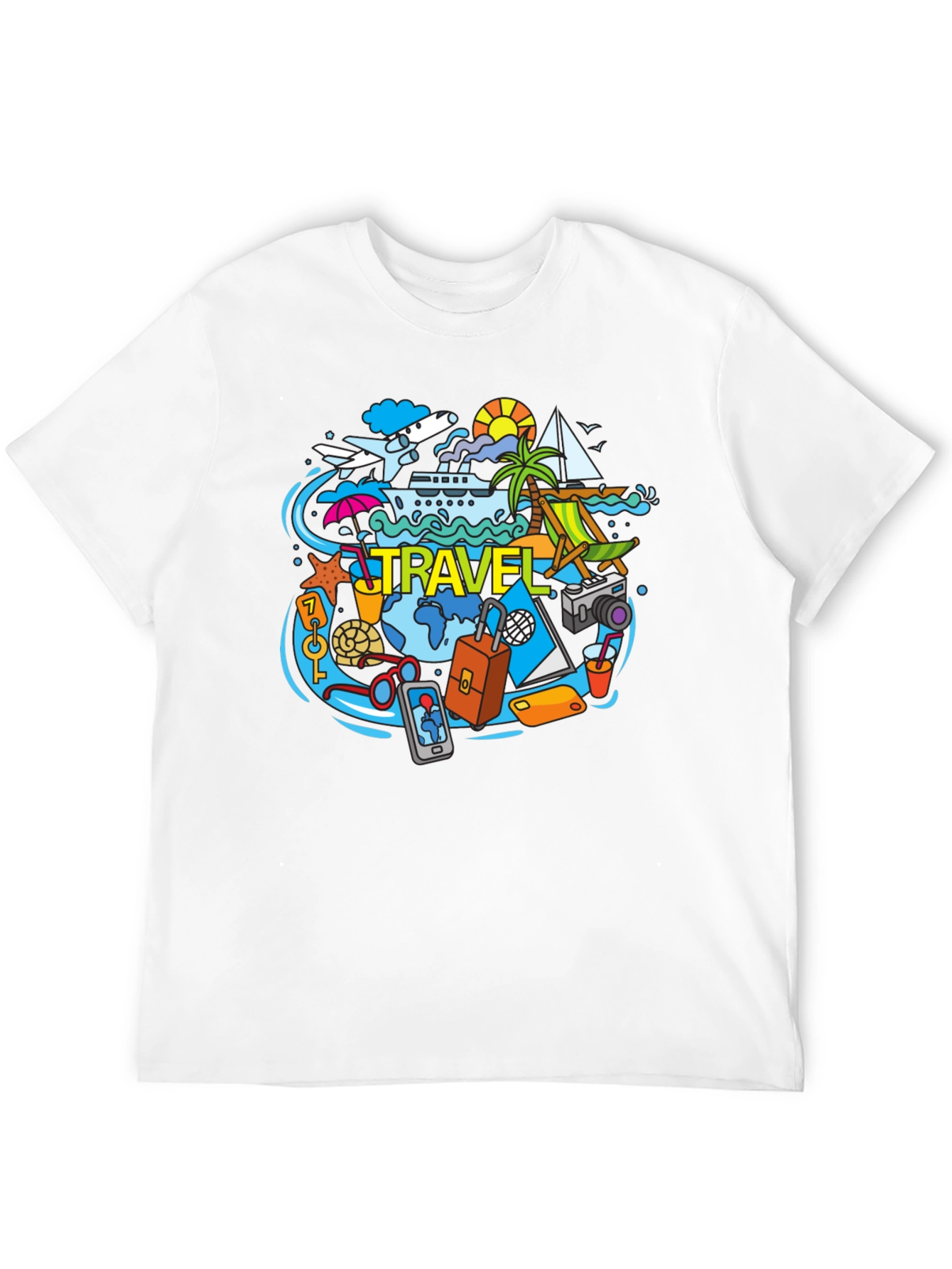 Travel Theme Graphic Tee - Black Cotton