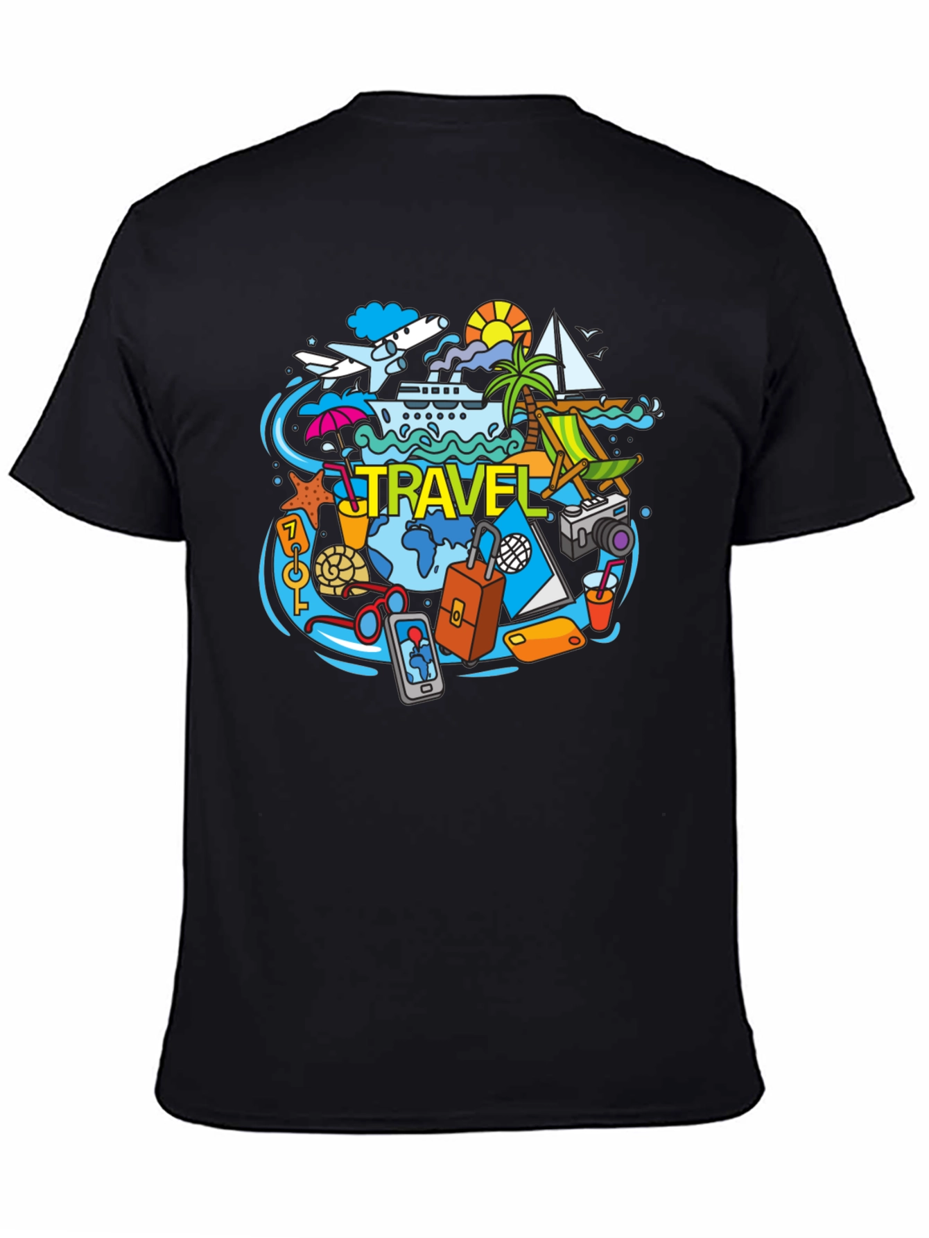 Travel Theme Graphic Tee - Black Cotton