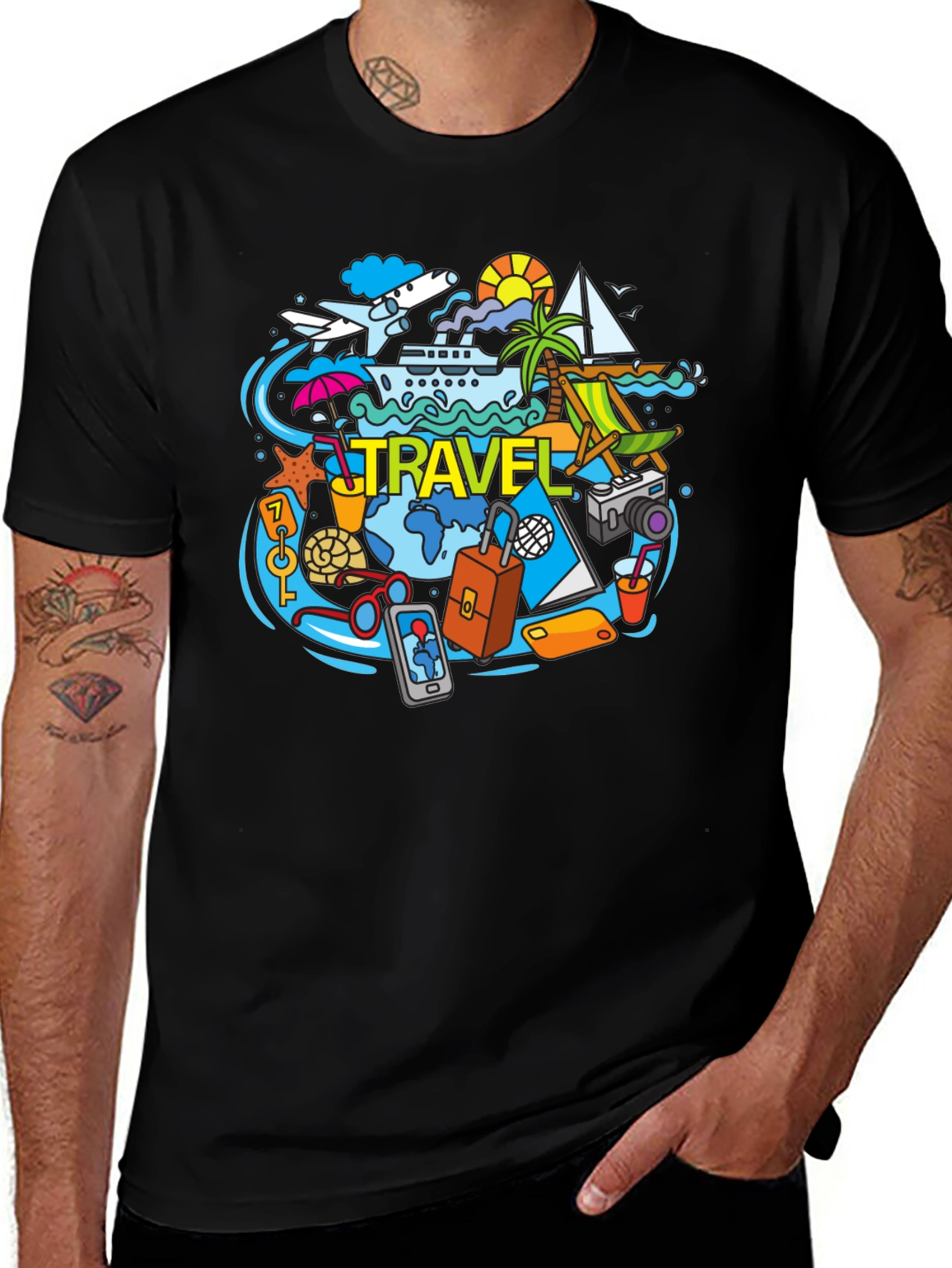Travel Theme Graphic Tee - Black Cotton