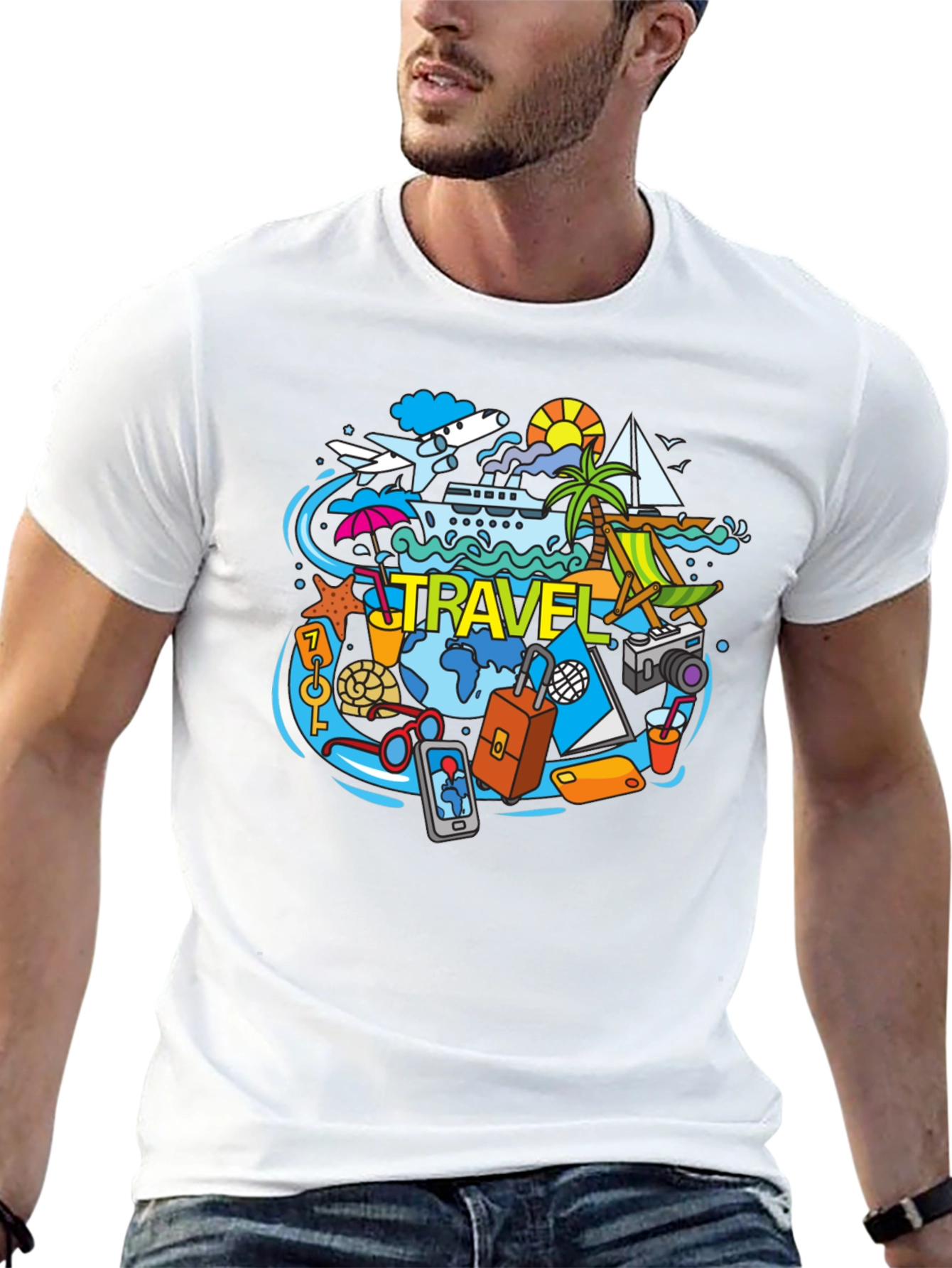 Travel Theme Graphic Tee - Black Cotton