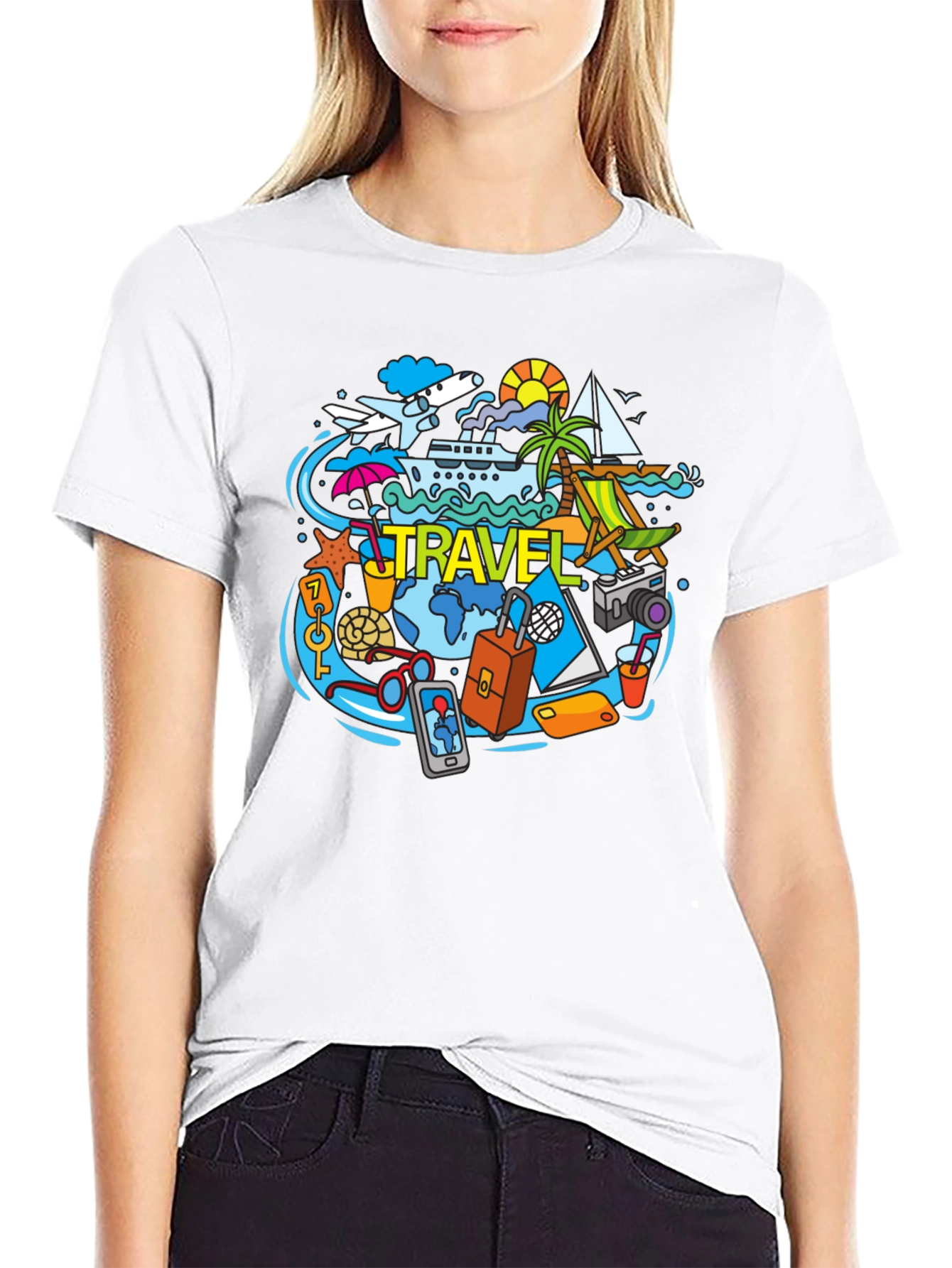 Travel Theme Graphic Tee - Black Cotton