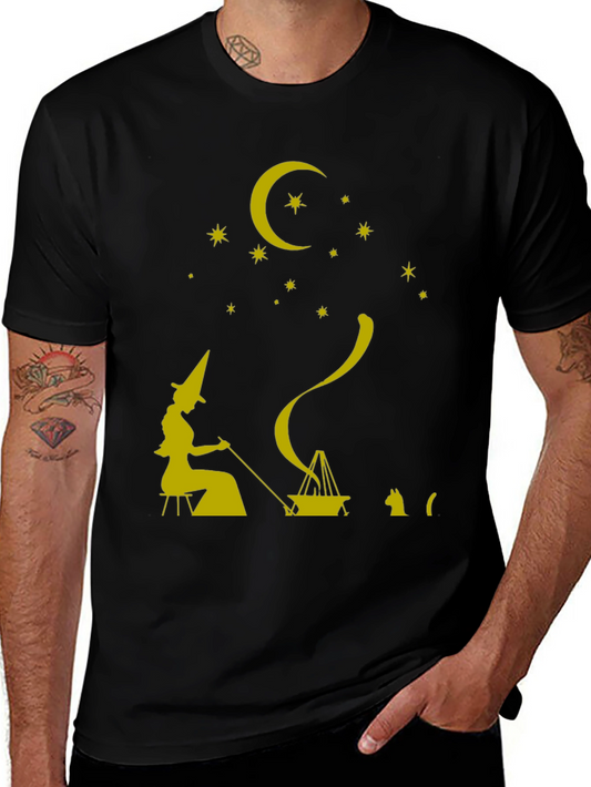 Whimsical Witch & Cat Graphic Tee - Unisex Black T-Shirt