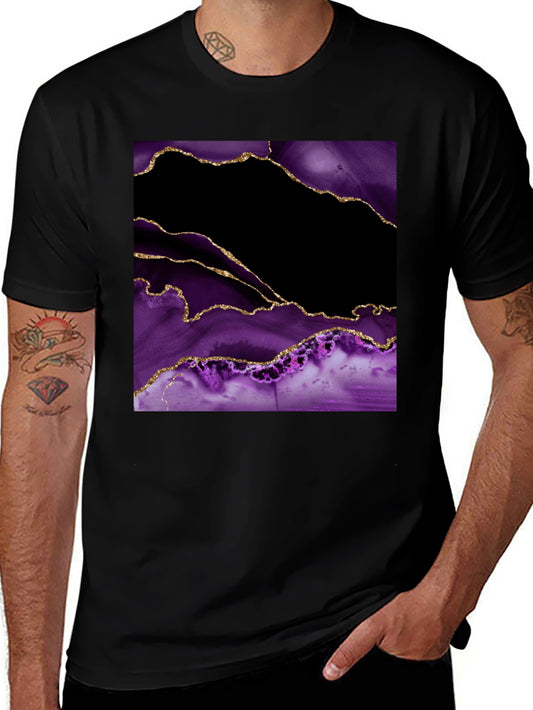 Abstract Purple & Gold Agate Print Black T-Shirt