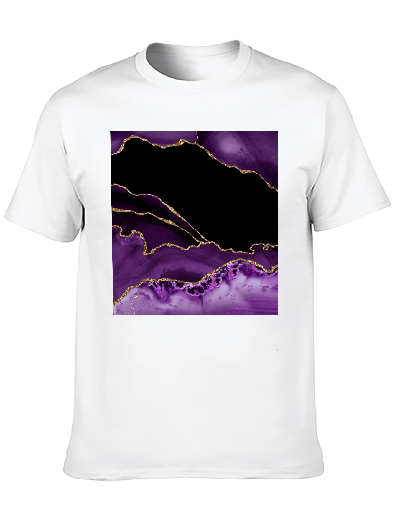 Abstract Purple & Gold Agate Print Black T-Shirt