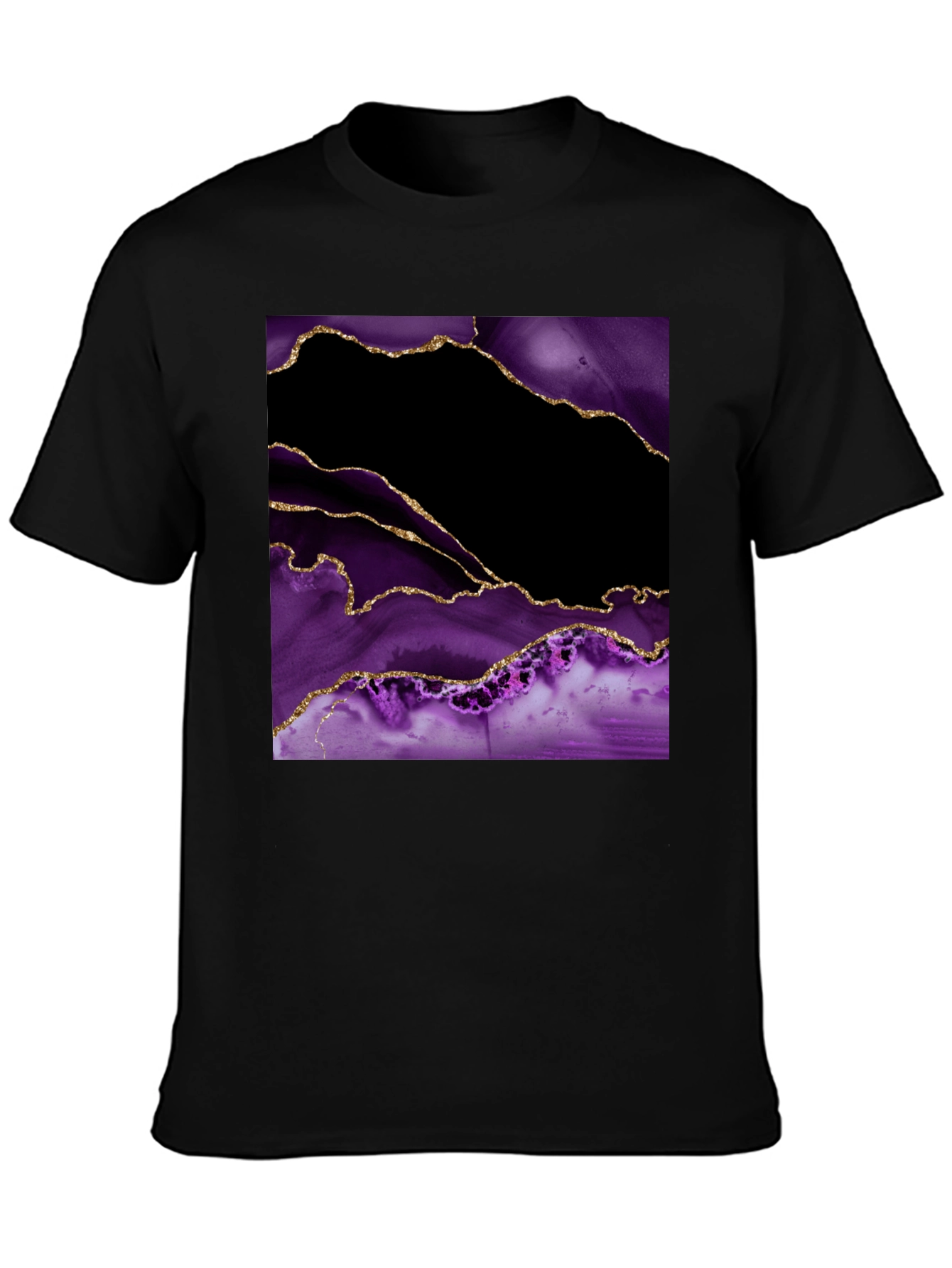 Abstract Purple & Gold Agate Print Black T-Shirt