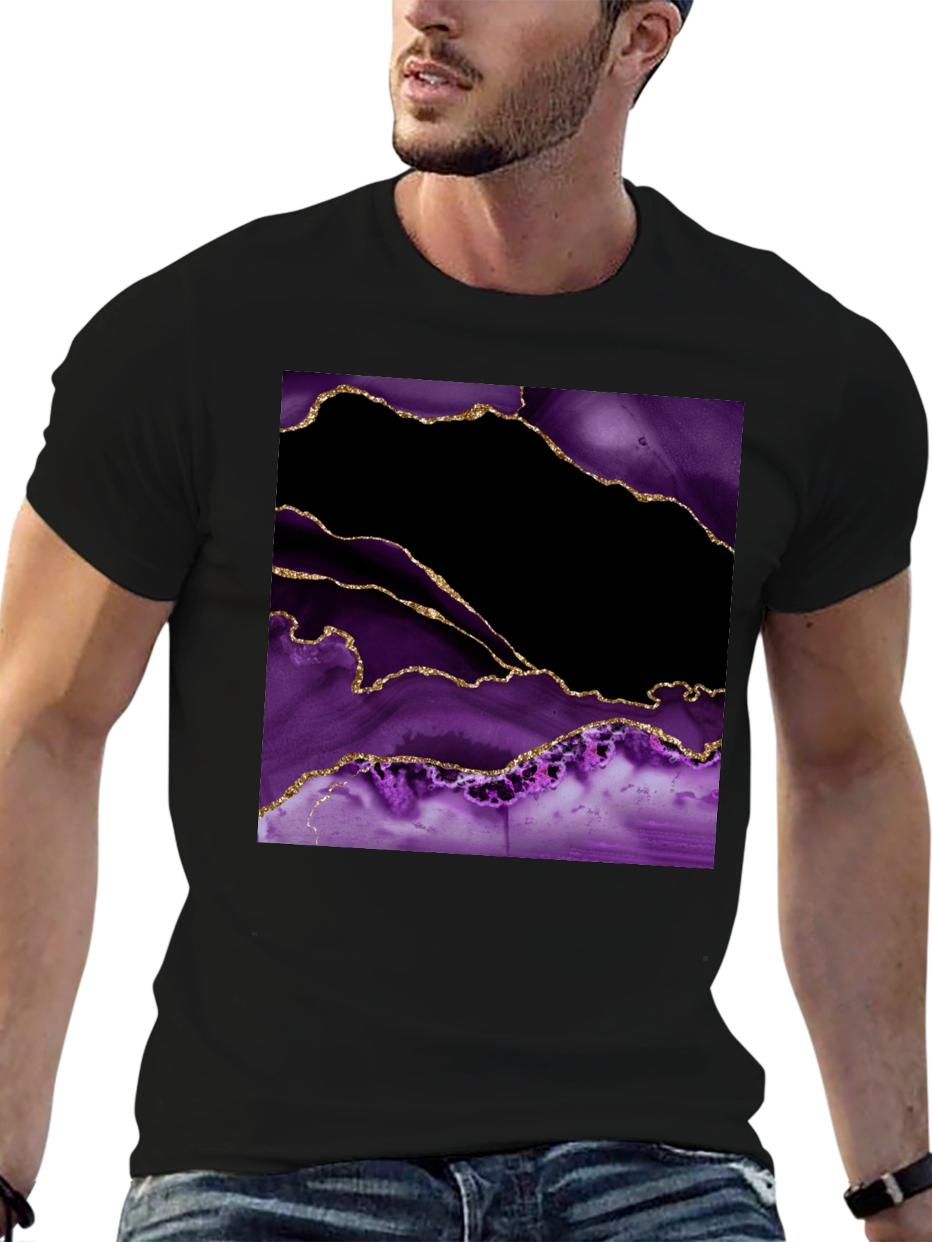 Abstract Purple & Gold Agate Print Black T-Shirt