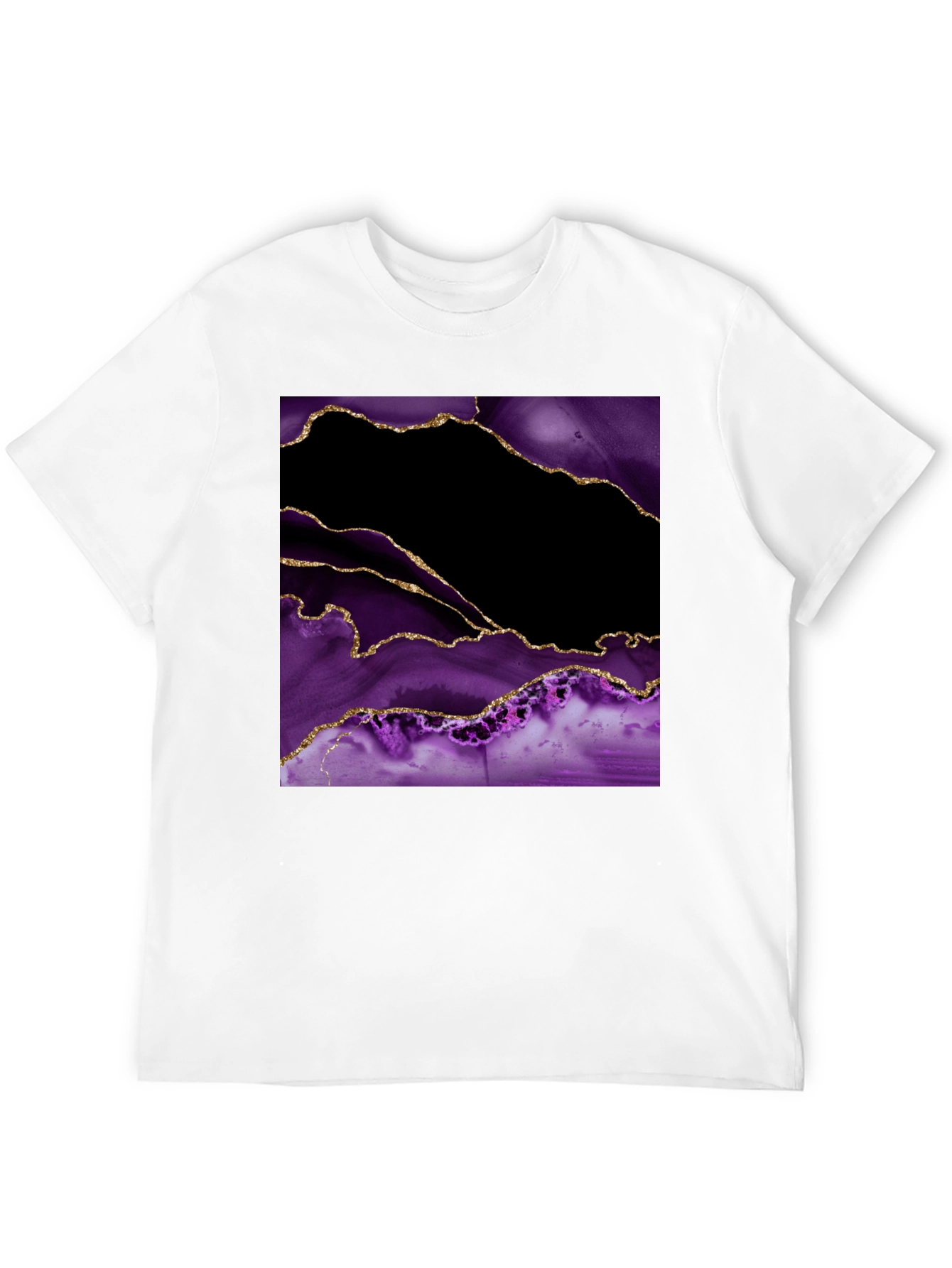 Abstract Purple & Gold Agate Print Black T-Shirt