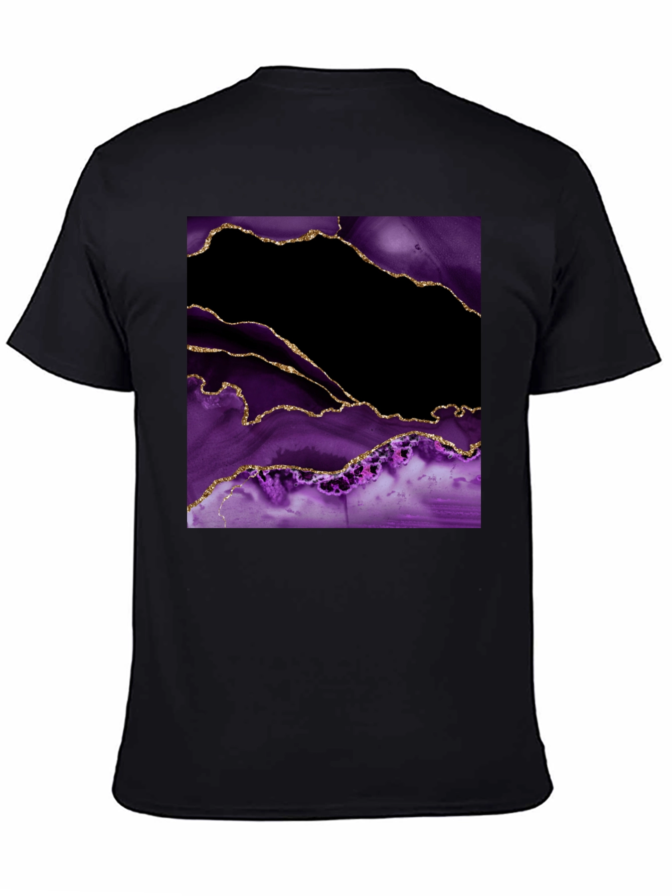 Abstract Purple & Gold Agate Print Black T-Shirt