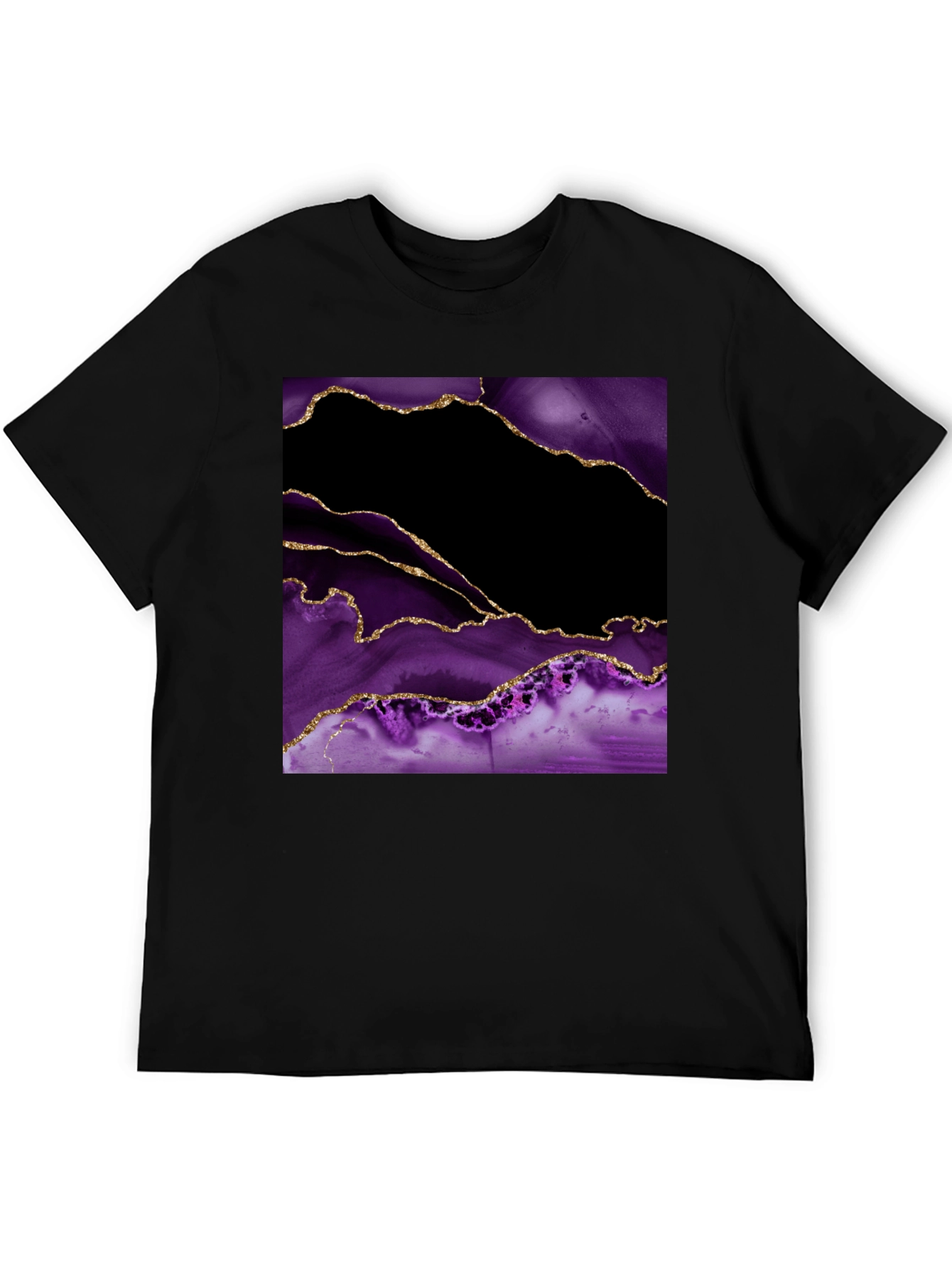 Abstract Purple & Gold Agate Print Black T-Shirt