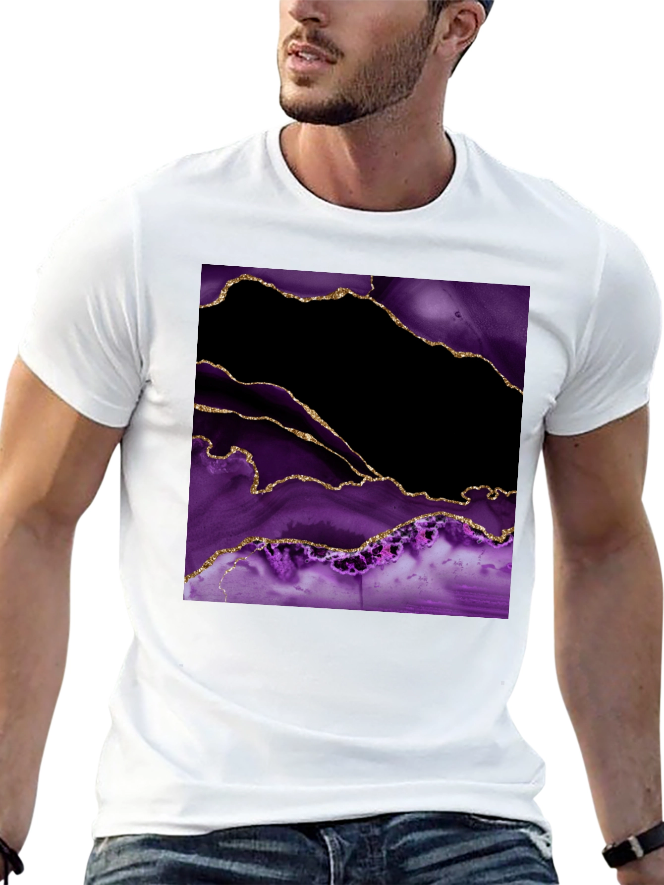 Abstract Purple & Gold Agate Print Black T-Shirt
