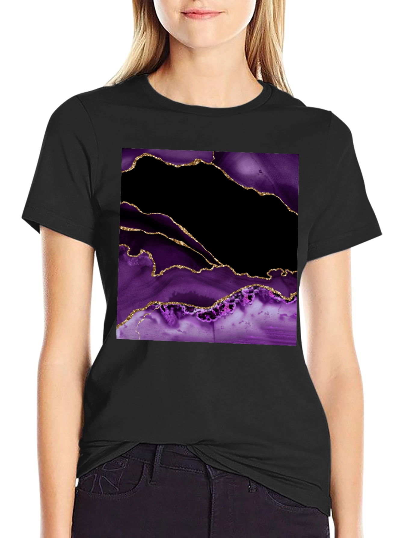 Abstract Purple & Gold Agate Print Black T-Shirt