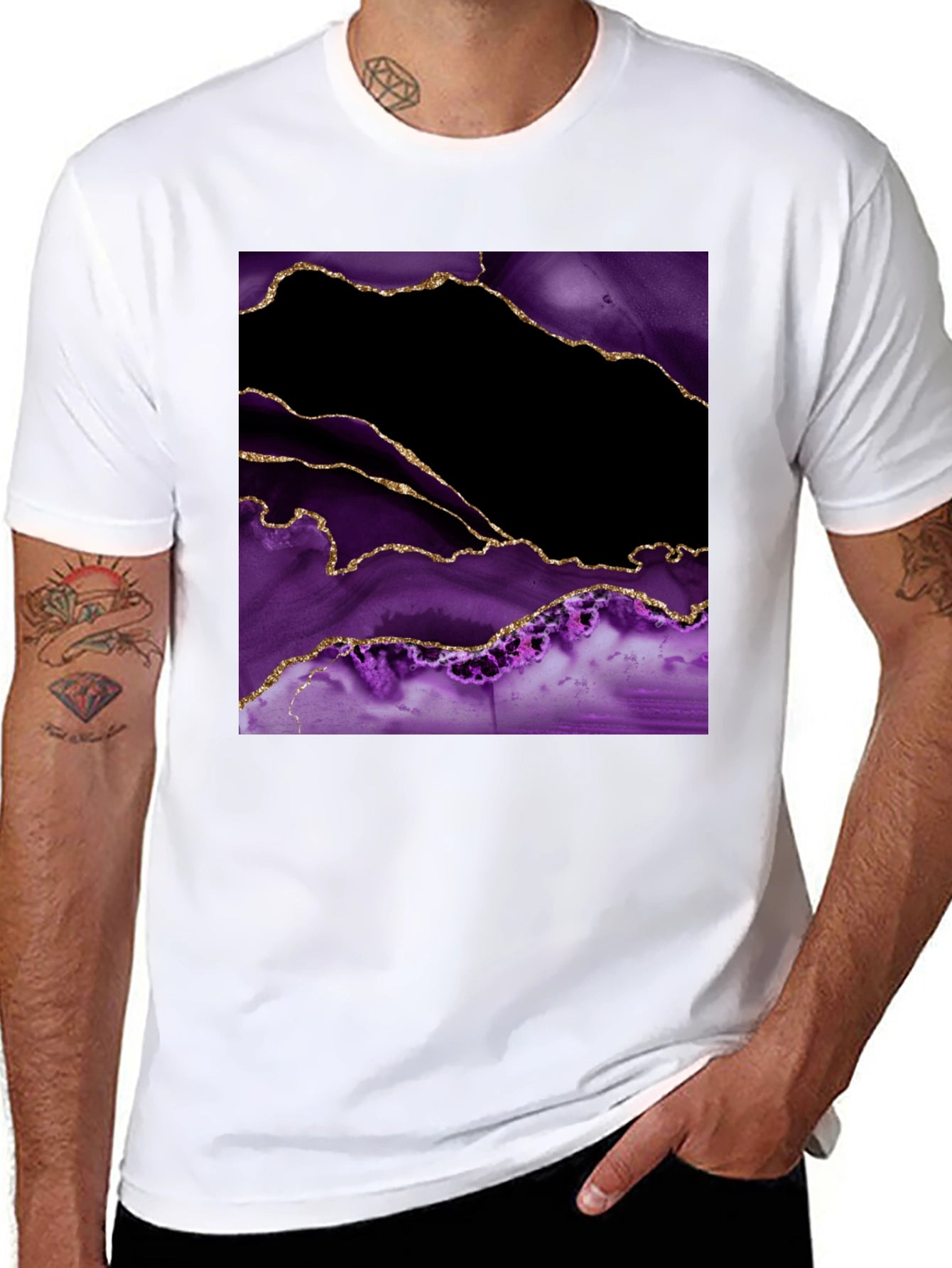 Abstract Purple & Gold Agate Print Black T-Shirt