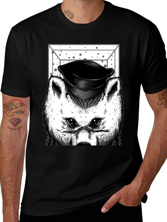 Wolf in Hat Graphic T-Shirt - Black