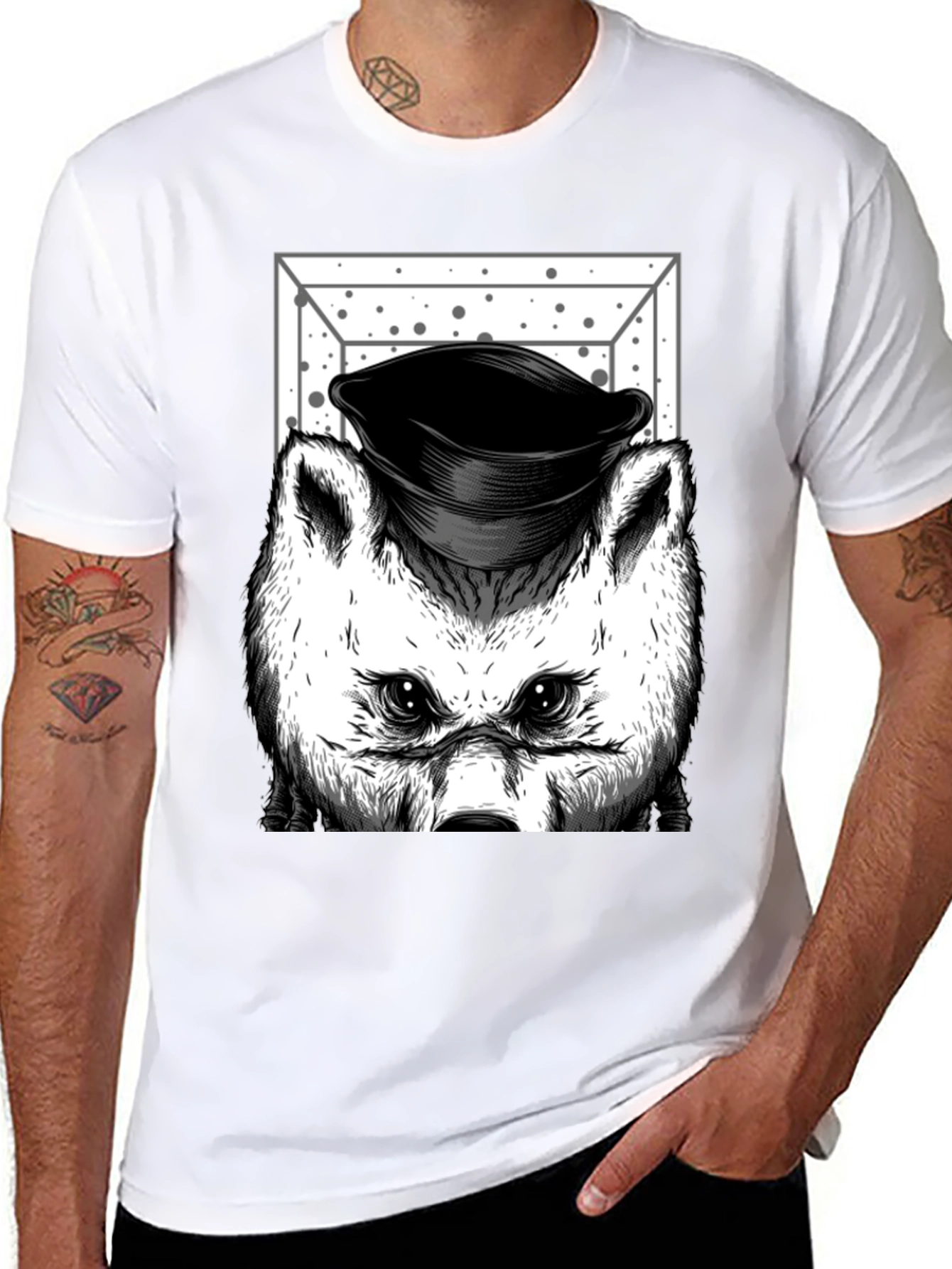 Wolf in Hat Graphic T-Shirt - Black